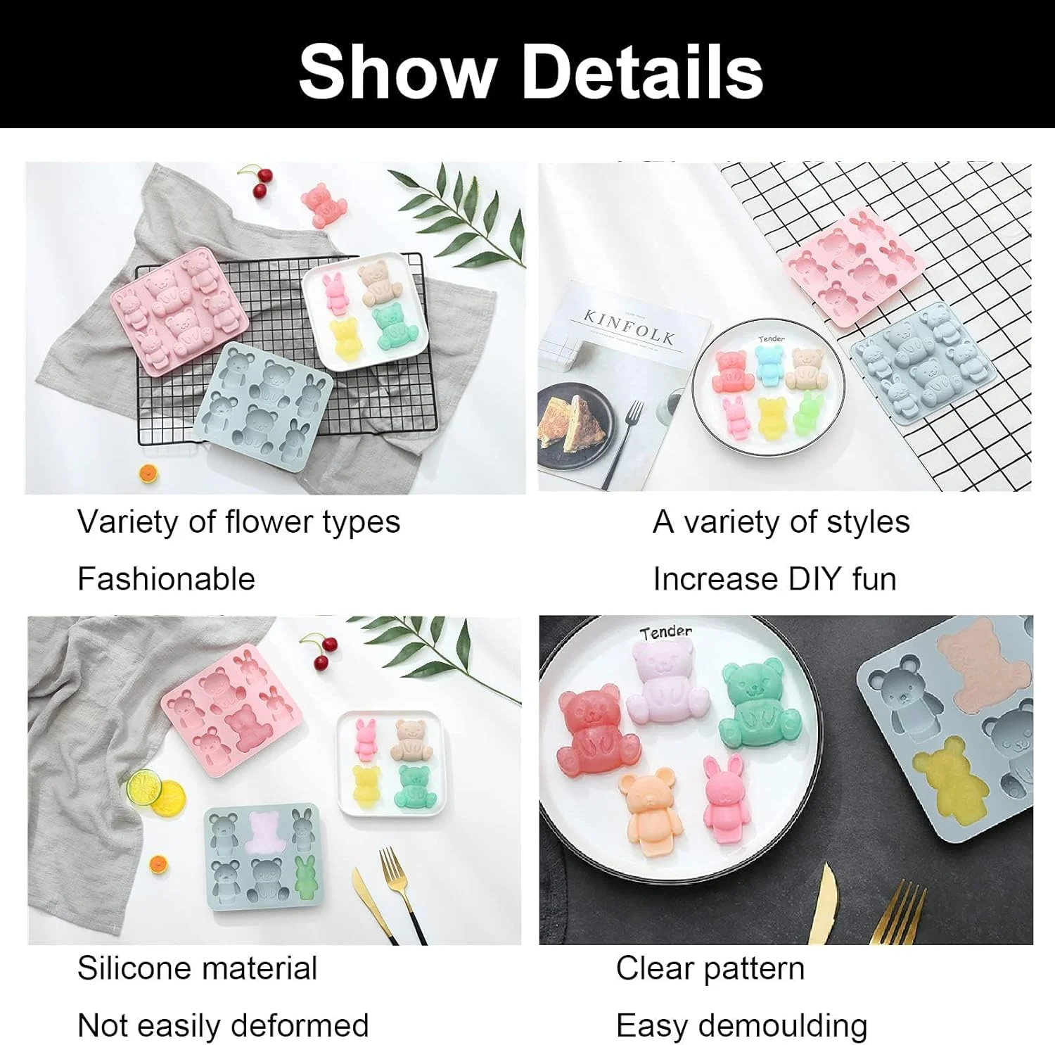 2 عدد قالب ژله سیلیکونی خرس کارتونی برای کودکان، قالب های پخت کیک شکلاتی حیوانات کارتونی زیبا، صابون دست ساز DIY، فوندانت، ابزار یخ سازی