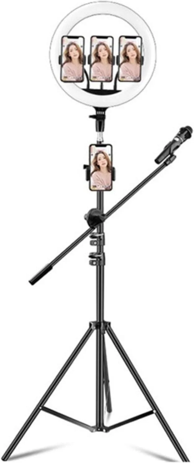 ست نور حلقه ای LED با دمای رنگ قابل تنظیم CHENCHUAN، 14 اینچ + 4 گیره تلفن + میله میکروفون، مناسب پخش زنده با پایه سه پایه 2.1 متری، دوشاخه CN، مناسب عکاسی و پخش زنده