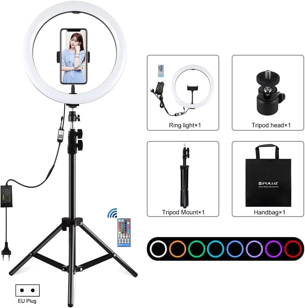 لوازم جانبی قطعات یدکی دوربین دیجیتال CHENCHUAN پایه سه پایه 1.1 متری + حلقه نور LED RGB دیمر 12 اینچی برای وبلاگ نویسی، سلفی، عکاسی، فیلمبرداری، کیت پخش زنده با هد توپی سه پایه کفش سرد و گیره تلفن