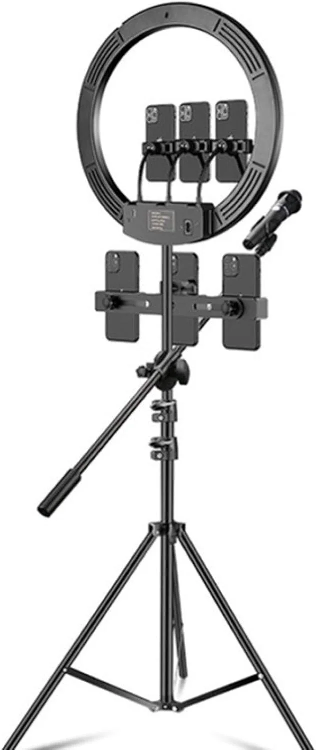 ست نور حلقه ای LED با دمای رنگ قابل تنظیم و دیمر، به همراه گیره موبایل 18 اینچی + پایه میکروفون + سه پایه 2.1 متری، مدل CHENCHUAN، مناسب برای پخش زنده و عکاسی (دارای دوشاخه CN)