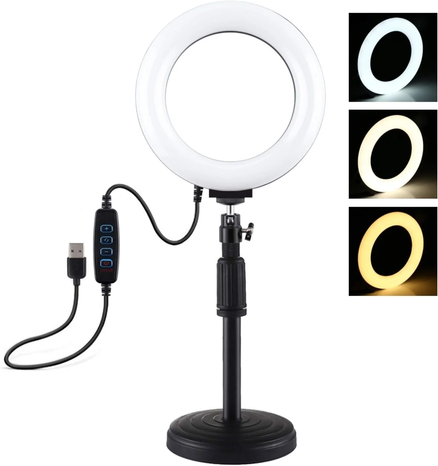 CHENCHUAN قطعه یدکی دوربین دیجیتال پایه گرد رومیزی + نور ویدئویی حلقه ای LED کم نور شونده USB با 3 حالت 6.2 اینچی، ارتفاع قابل تنظیم: 18cm-28cm