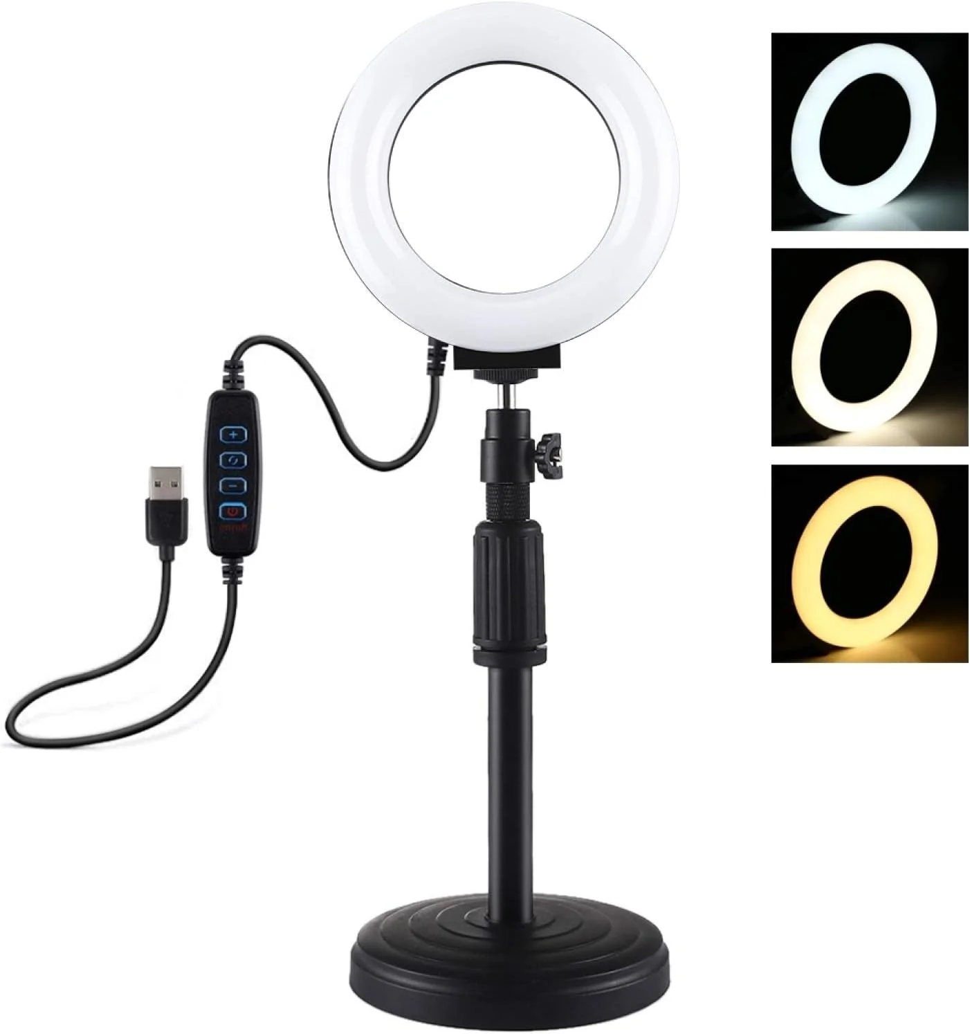 CHENCHUAN قطعه یدکی دوربین دیجیتال پایه گرد رومیزی + نور ویدئویی حلقه ای LED با قابلیت تنظیم نور USB با 3 حالت 12 سانتی متری 4.7 اینچی، ارتفاع قابل تنظیم: 18 سانتی متر - 28 سانتی متر