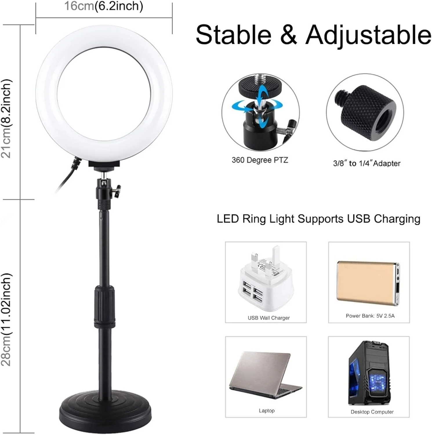 CHENCHUAN قطعه یدکی دوربین دیجیتال پایه گرد رومیزی + نور ویدئویی حلقه ای LED کم نور شونده USB با 3 حالت 6.2 اینچی، ارتفاع قابل تنظیم: 18cm-28cm