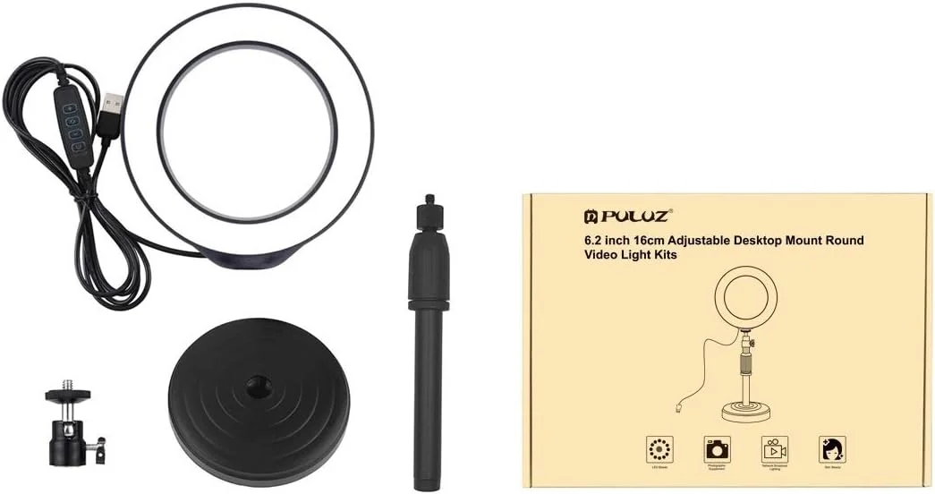 CHENCHUAN قطعه یدکی دوربین دیجیتال پایه گرد رومیزی + نور ویدئویی حلقه ای LED کم نور شونده USB با 3 حالت 6.2 اینچی، ارتفاع قابل تنظیم: 18cm-28cm