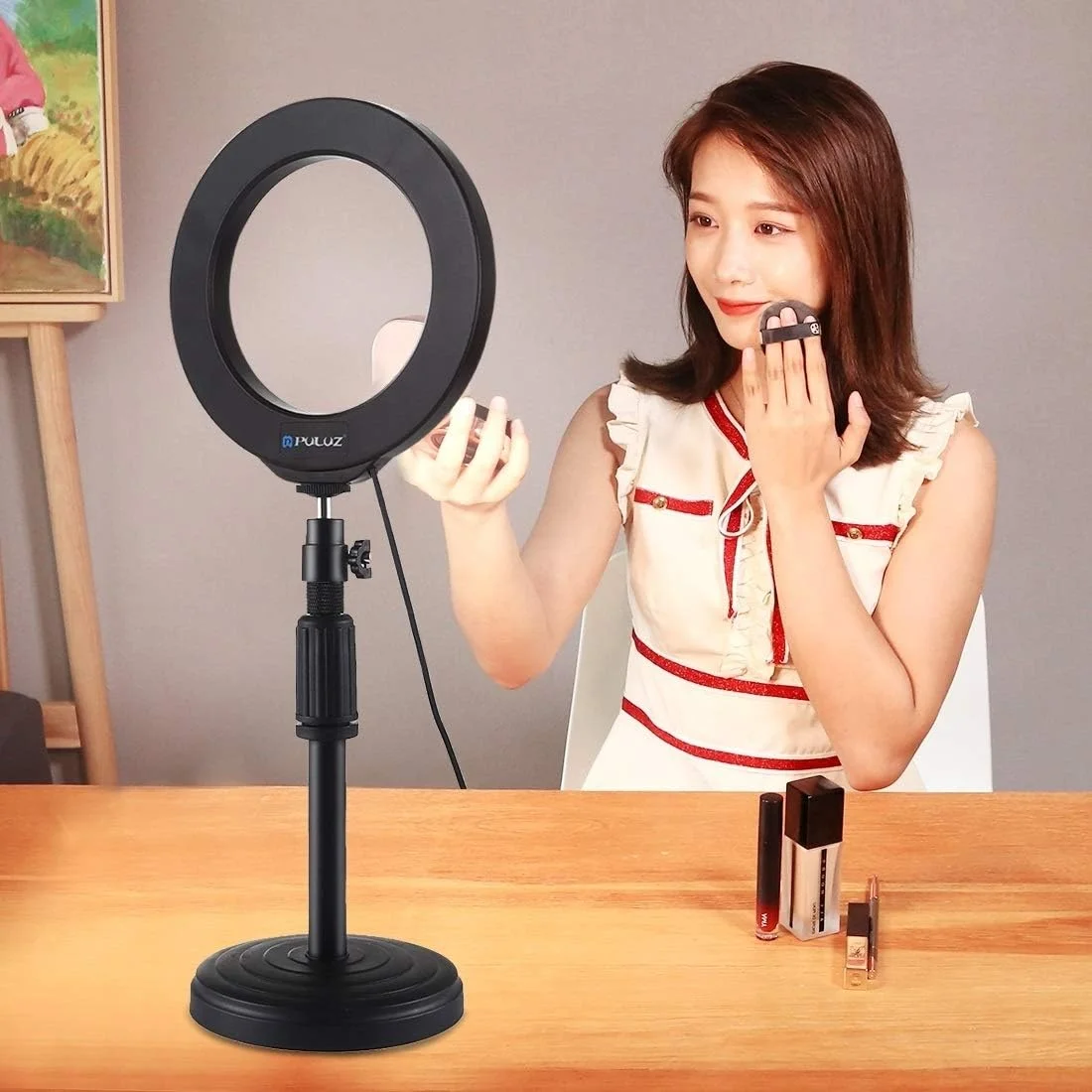CHENCHUAN قطعه یدکی دوربین دیجیتال پایه گرد رومیزی + نور ویدئویی حلقه ای LED کم نور شونده USB با 3 حالت 6.2 اینچی، ارتفاع قابل تنظیم: 18cm-28cm