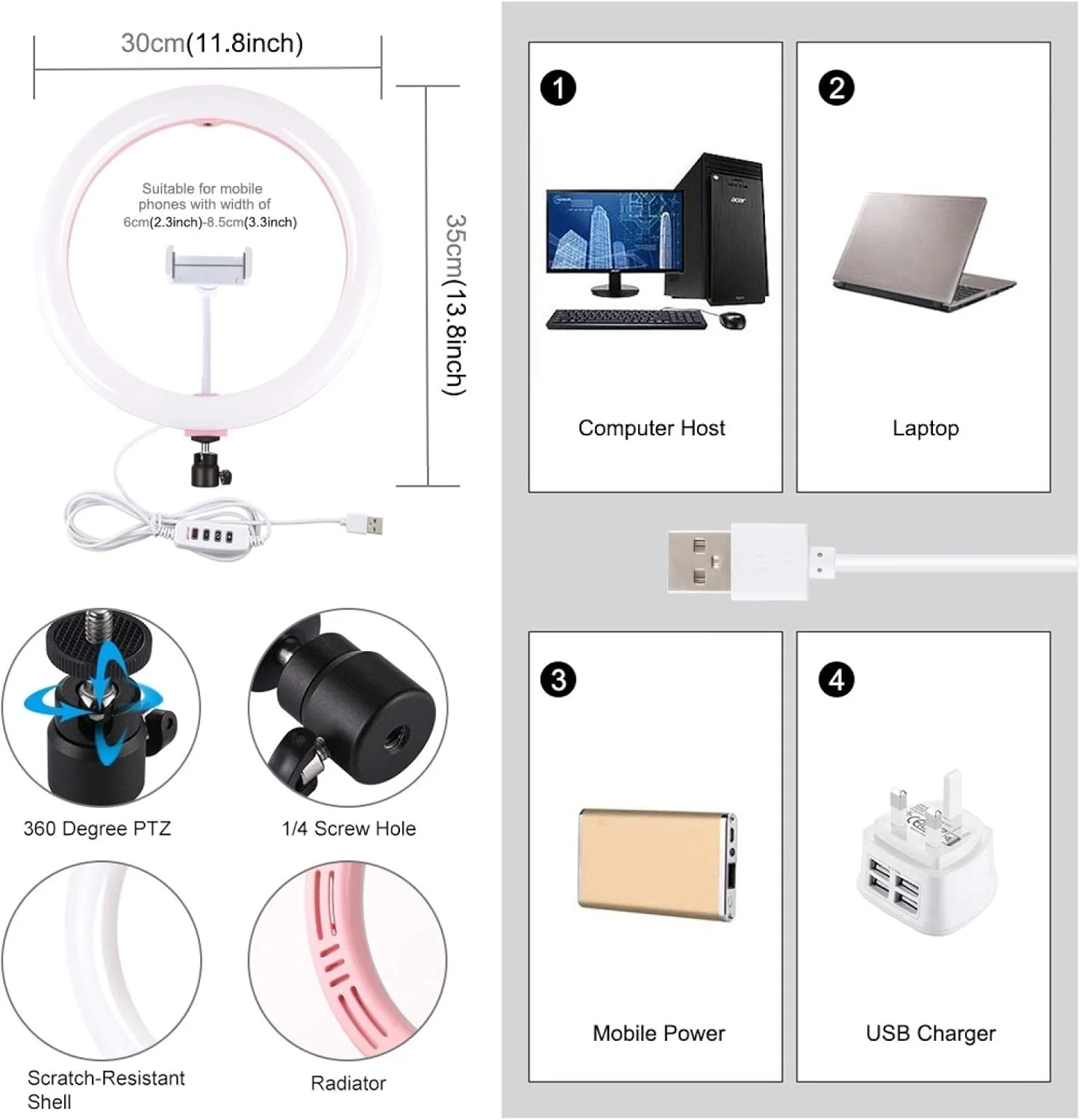 CHENCHUAN لوازم جانبی قطعات یدکی دوربین دیجیتال 11.8 اینچ 30 سانتی متر USB 3 حالت نور حلقه ای LED با دمای رنگ دوگانه قابل تنظیم نورپردازی سلفی عکاسی و فیلمبرداری با گیره تلفن (مشکی) CHENCHUAN لوازم جانبی قطعات یدکی دوربین دیجیتال 11.8 اینچ 30 سانتی متر USB 3 حالت نور حلقه ای LED با دمای رنگ دوگانه قابل تنظیم نورپردازی سلفی عکاسی و فیلمبرداری با گیره تلفن (مشکی)