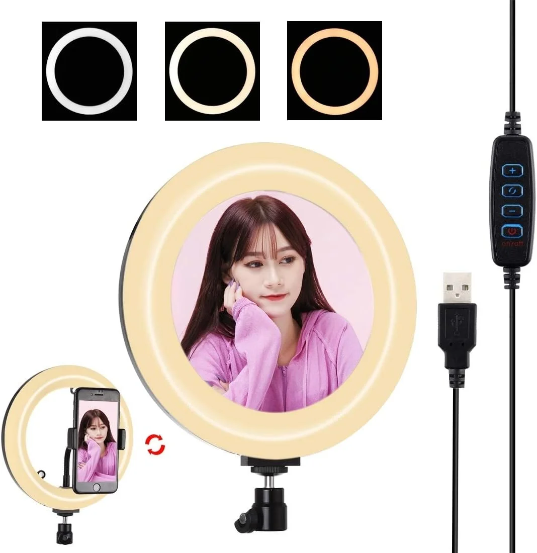 لوازم جانبی قطعات یدکی دوربین دیجیتال CHENCHUAN، حلقه نور منحنی LED با قطر 7.9 اینچ (20 سانتی متر)، USB، 3 حالت نور، نور دو رنگ با قابلیت تنظیم روشنایی، مناسب برای ولاگ، سلفی، عکاسی و فیلمبرداری به همراه آینه (مشکی)