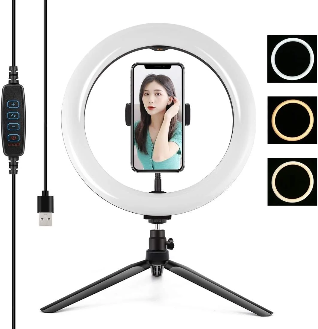 CHENCHUAN قطعه یدکی دوربین دیجیتال سه پایه رومیزی + رینگ لایت LED منحنی 10.2 اینچی 26 سانتی متری با نور دو رنگ قابل تنظیم USB با 3 حالت نورپردازی برای ولاگ، سلفی، عکاسی و فیلمبرداری