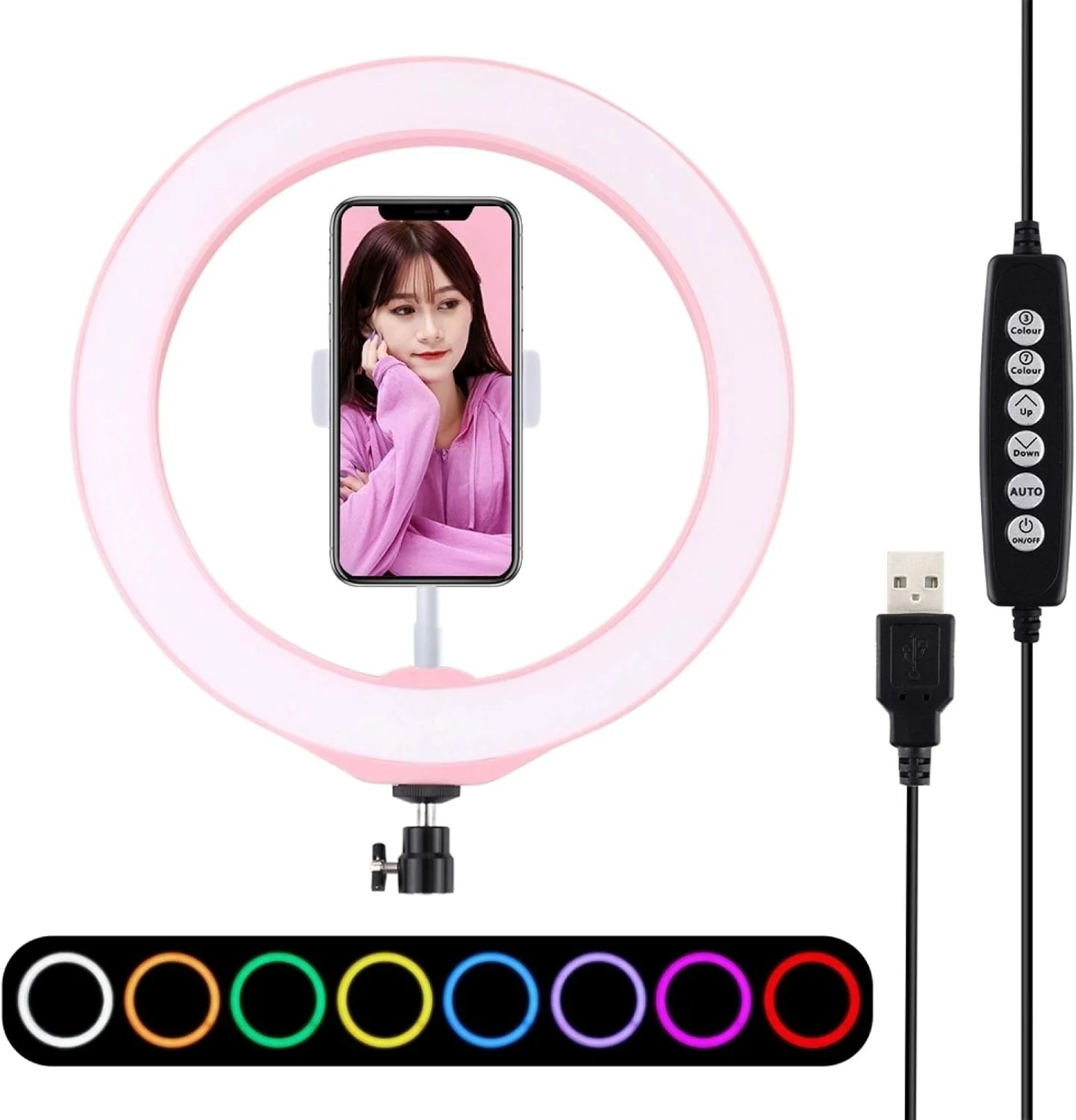 CHENCHUAN چراغ حلقه ای LED 10.2 اینچی 26 سانتی متری USB با 10 حالت و 8 رنگ RGBW قابل تنظیم نور، به همراه سه پایه کفش سرد، هد توپی و گیره تلفن برای پخش زنده عکاسی (رنگ: صورتی)