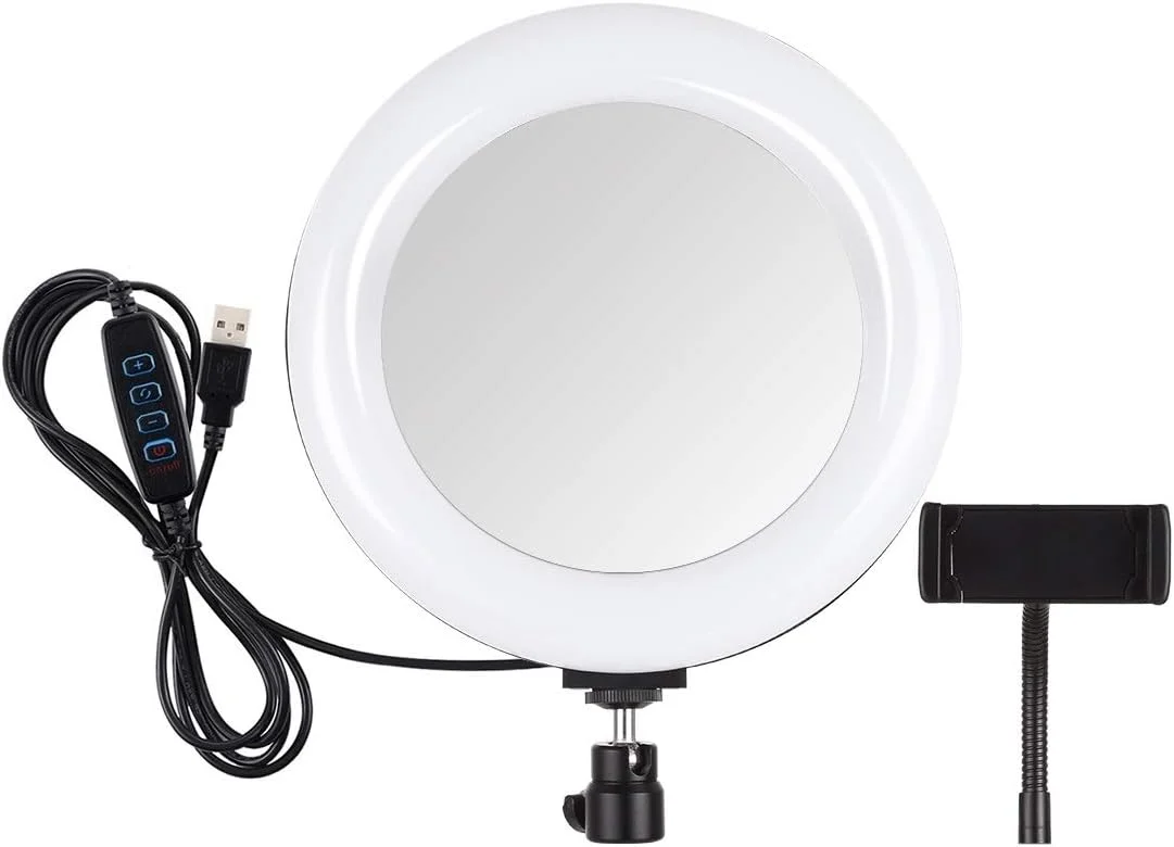 لوازم جانبی قطعات یدکی دوربین دیجیتال CHENCHUAN، حلقه نور منحنی LED با قطر 7.9 اینچ (20 سانتی متر)، USB، 3 حالت نور، نور دو رنگ با قابلیت تنظیم روشنایی، مناسب برای ولاگ، سلفی، عکاسی و فیلمبرداری به همراه آینه (مشکی)
