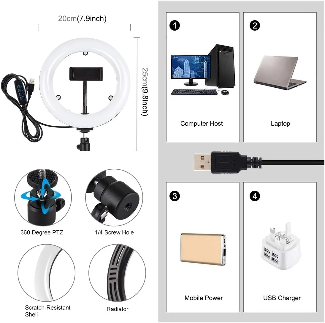 لوازم جانبی قطعات یدکی دوربین دیجیتال CHENCHUAN، حلقه نور منحنی LED با قطر 7.9 اینچ (20 سانتی متر)، USB، 3 حالت نور، نور دو رنگ با قابلیت تنظیم روشنایی، مناسب برای ولاگ، سلفی، عکاسی و فیلمبرداری به همراه آینه (مشکی)