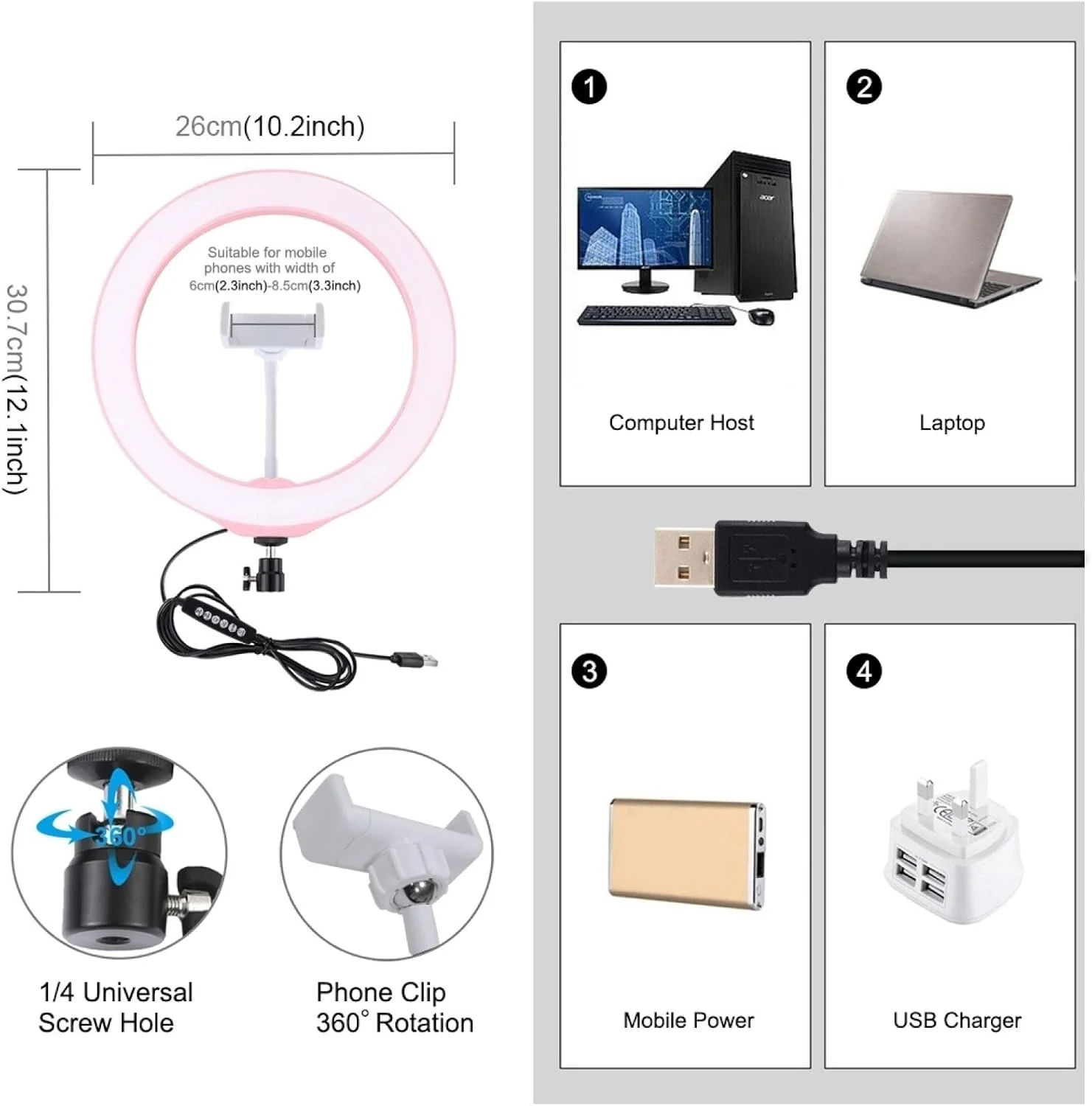 CHENCHUAN چراغ حلقه ای LED 10.2 اینچی 26 سانتی متری USB با 10 حالت و 8 رنگ RGBW قابل تنظیم نور، به همراه سه پایه کفش سرد، هد توپی و گیره تلفن برای پخش زنده عکاسی (رنگ: صورتی) CHENCHUAN چراغ حلقه ای LED 10.2 اینچی 26 سانتی متری USB با 10 حالت و 8 رنگ RGBW قابل تنظیم نور، به همراه سه پایه کفش سرد، هد توپی و گیره تلفن برای پخش زنده عکاسی (رنگ: صورتی)