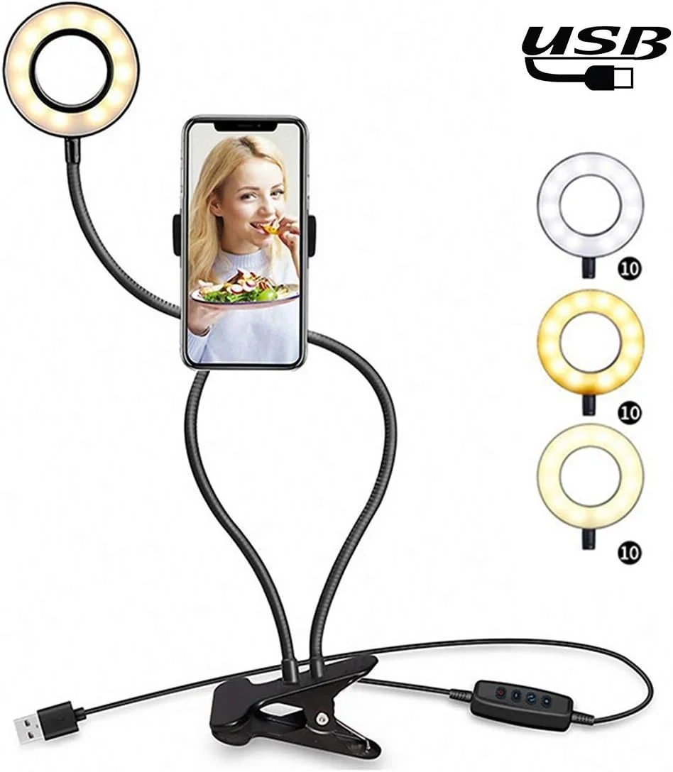 چراغ حلقه ای سلفی USB آرایشی CHENCHUAN با گیره نگهدارنده گوشی تنبل، دارای 3 حالت نور، لامپ LED رومیزی با 10 سطح روشنایی، سازگار با آیفون/اندروید، برای پخش زنده، KTV، Liv