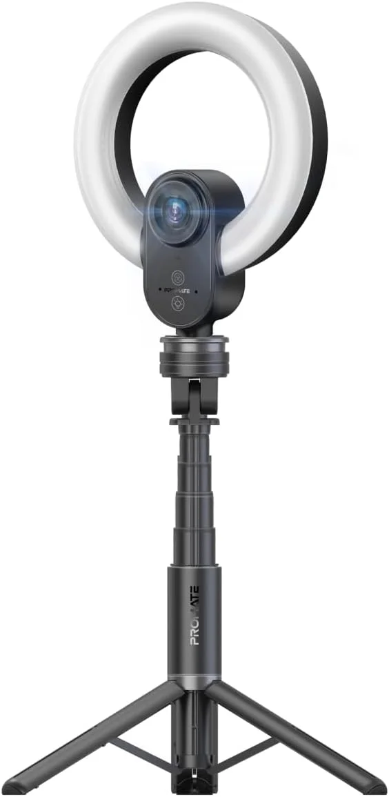 وب کم 2K Ultra HD با دقت بالا Promate با حلقه نور قابل تنظیم، فوکوس خودکار زاویه باز 90 درجه، میکروفون های دوگانه همه جهته و سازگاری جهانی برای ویندوز، macOS و لینوکس، VistaCam مشکی