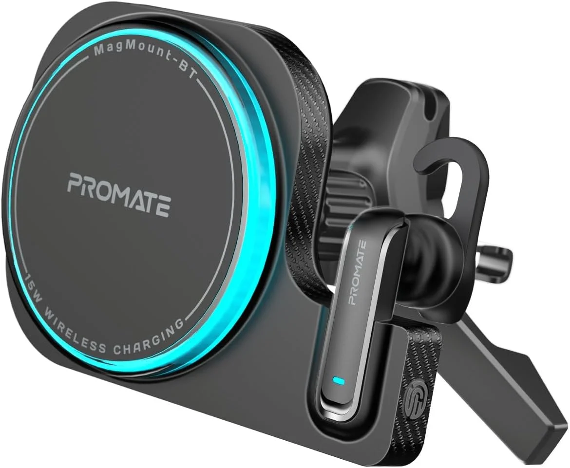 پایه نگهدارنده و شارژر بی‌سیم 15 واتی مگ‌سیف سازگار 2 در 1 خودرو پرومیت مدل MagMount-BT به همراه هدست بلوتوثی مونو با قابلیت اتصال تک لمسی، حلقه نورانی شارژ و چرخش 360 درجه