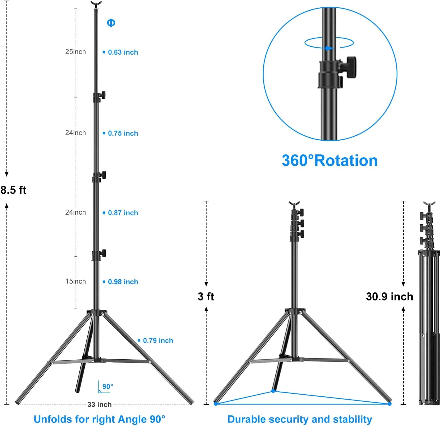 پایه نور قابل تنظیم EMART 2.6 متری، سه پایه نورپردازی عکاسی با پیچ 1/4 اینچی، سه پایه آلومینیومی برای نورپردازی عکس/فلاش استودیو/دوربین ها/رینگ لایت/چترها/سافت باکس