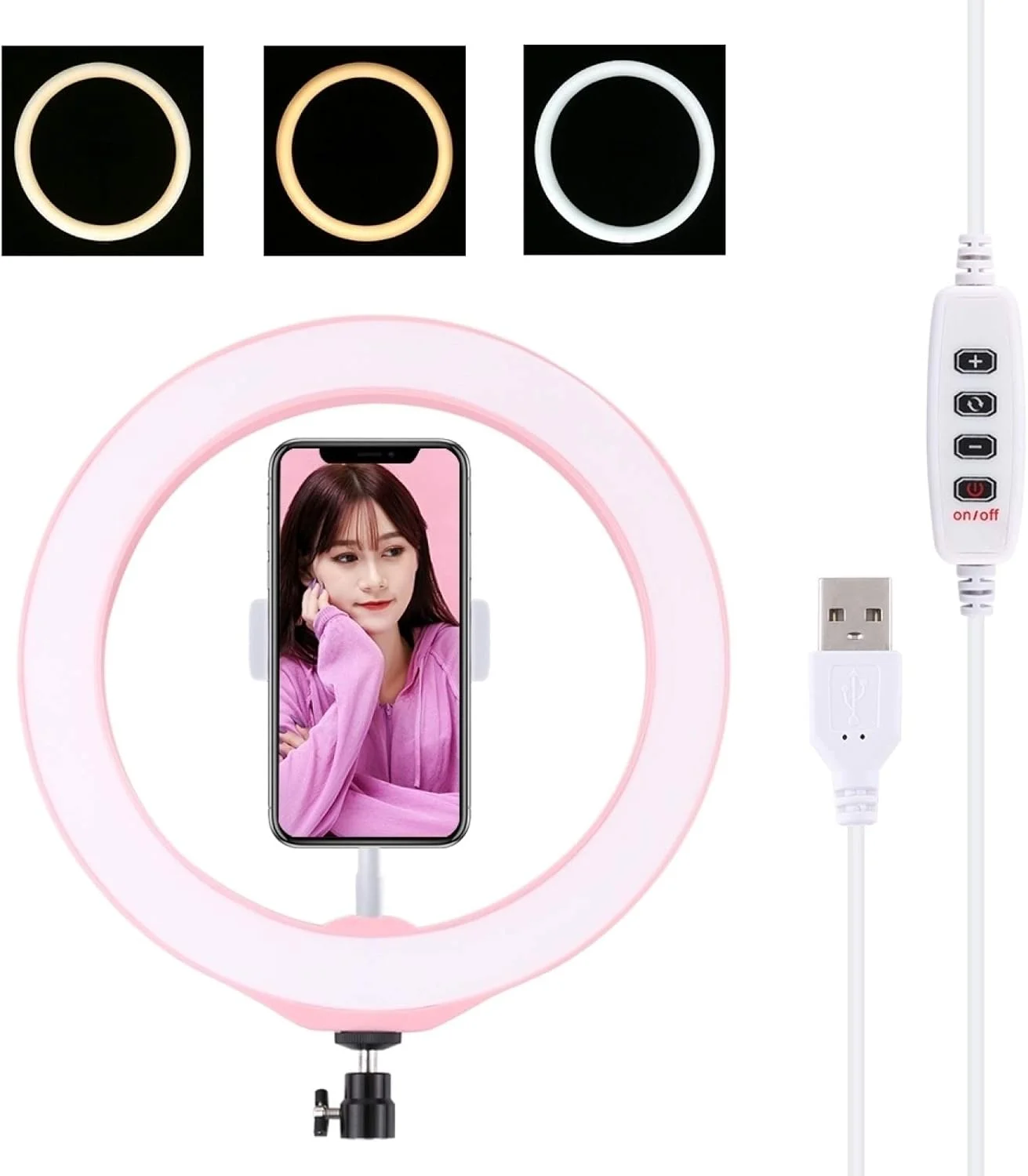CHENCHUAN لوازم جانبی قطعات یدکی دوربین دیجیتال 10.2 اینچی 26 سانتی متری USB 3 حالت نورهای سلفی ویدیویی عکاسی حلقه ای LED با قابلیت تنظیم نور با سه پایه کفش سرد و گیره تلفن (مشکی)