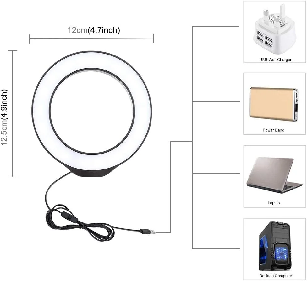 نور حلقه ای LED سفید CHENCHUAN با قطر 12 سانتی متر (4.7 اینچ) با پورت USB برای ولاگ، عکاسی، فیلمبرداری، پخش زنده (رنگ: مشکی) نور حلقه ای LED سفید CHENCHUAN با قطر 12 سانتی متر (4.7 اینچ) با پورت USB برای ولاگ، عکاسی، فیلمبرداری، پخش زنده (رنگ: مشکی)