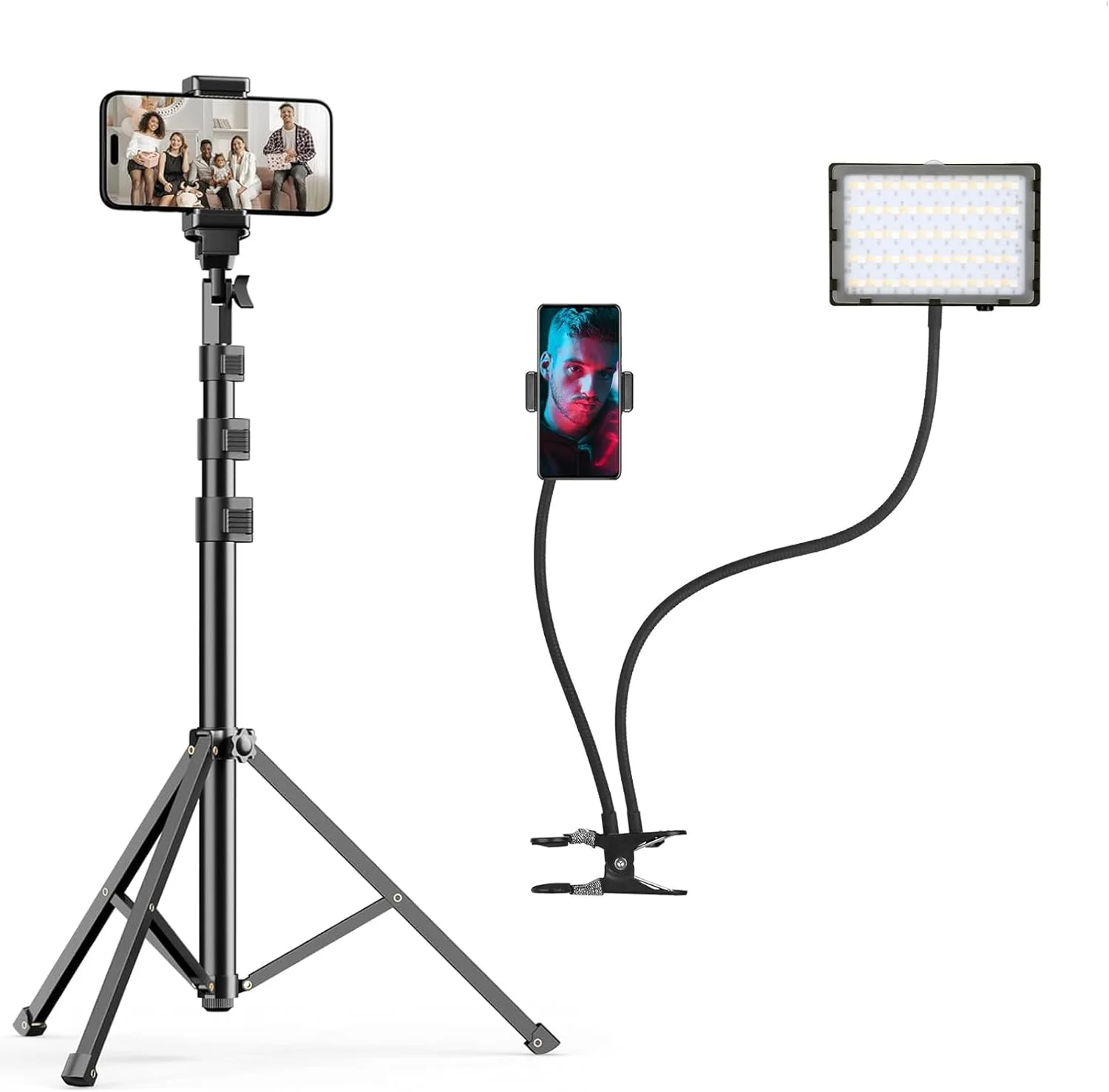 نور ویدئویی LED RGB دیمر پذیر EMART با پایه سلفی استیک سه پایه 52 اینچی، نورپردازی عکاسی با بازوهای انعطاف پذیر نگهدارنده تلفن برای آرایش، ضبط ویدئو، استریم بازی، نور حلقه ای دوربین یوتیوب فیلمبرداری