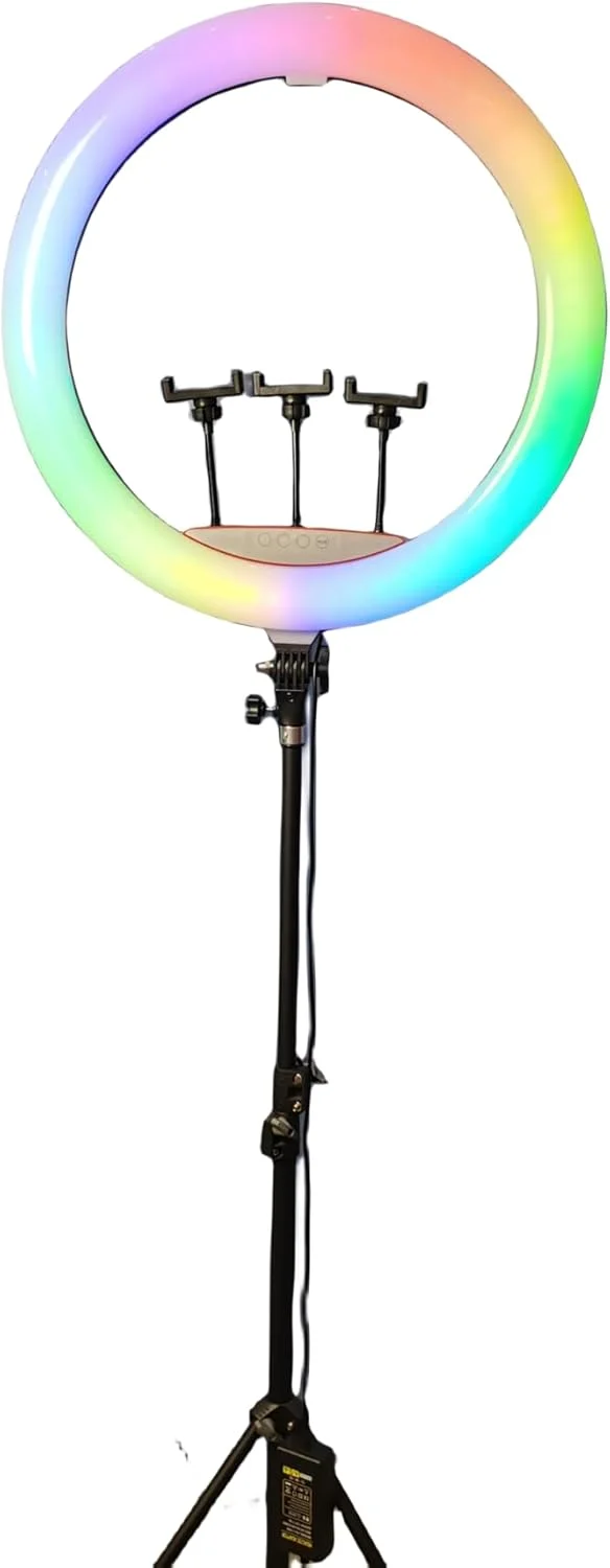 رینگ لایت RGB گرین لاین 22 اینچ، دیمینگ پیوسته، کنترل از راه دور، سه پایه قابل تنظیم، چرخش 360 درجه، 544 مهره لامپ LED، 4 حالت رنگ، جنس ABS و PP، 2.1 متر، رنگ های زنده - مشکی