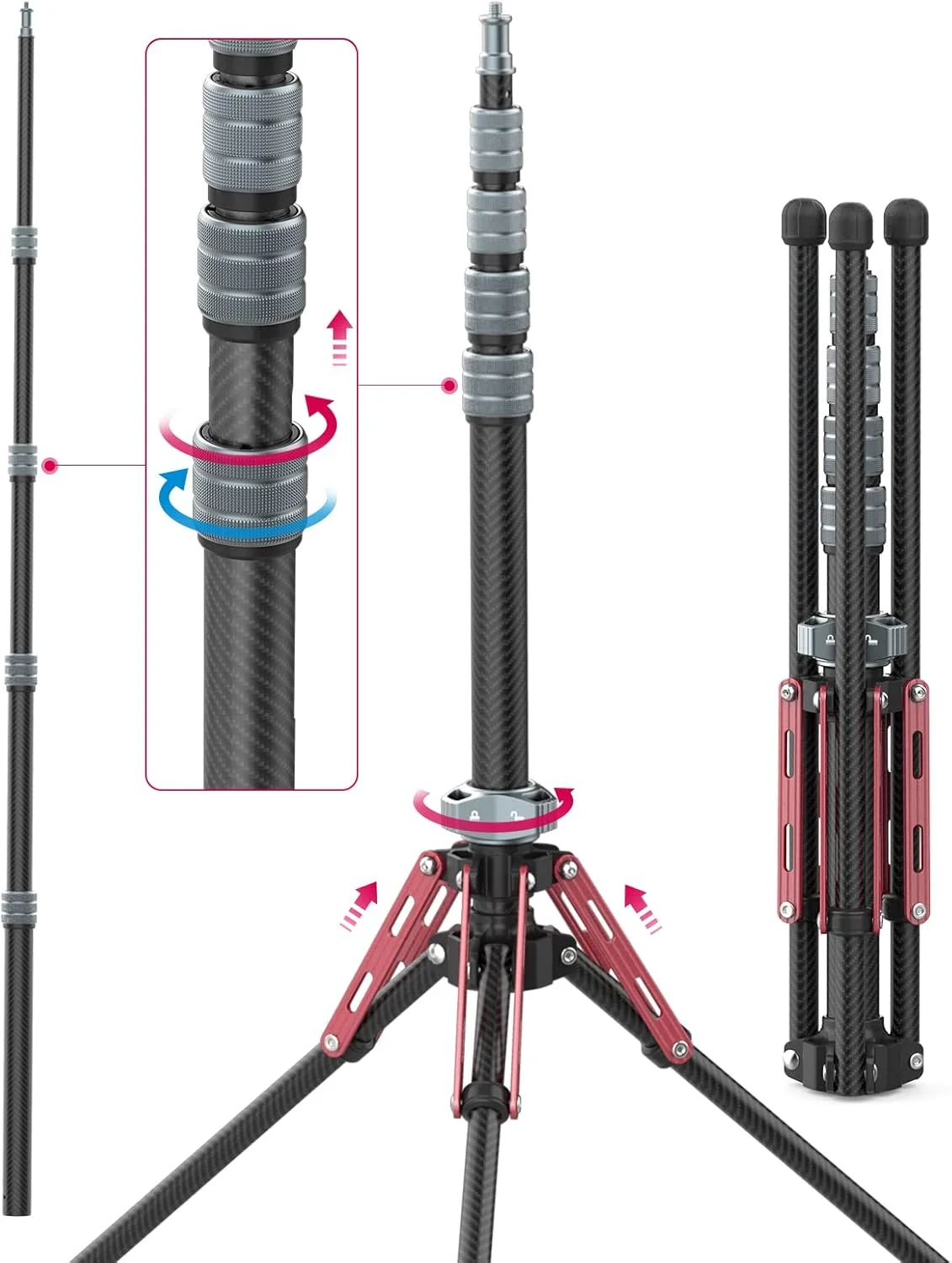 پایه نور فیبر کربنی ULANZI MT-49، سه پایه قابل تنظیم برای عکاسی با گیره تلفن، سه پایه استودیویی محکم 194 سانتی متری/76.4 اینچی برای فلاش اسپیدلایت، سافت باکس، نور استروب و دوربین با کیف حمل