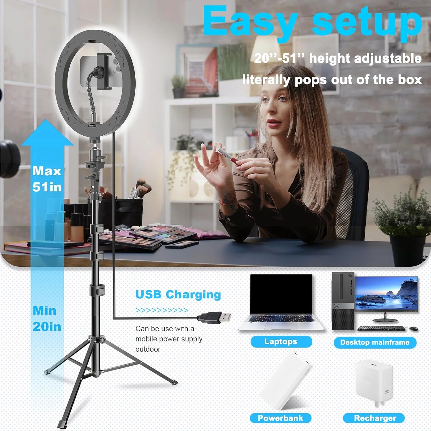 نور حلقه ای 10 اینچی EMART با پایه سه پایه قابل ارتقا 55 اینچی و نگهدارنده تلفن، نور گرد LED قابل تنظیم برای عکاسی سلفی/آرایش/ویدیو یوتیوب/ولاگ/پخش زنده