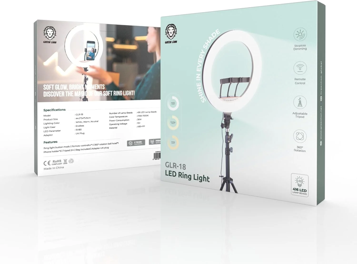 رینگ لایت LED گرین لاین GLR-18 - نور سفید/خنثی/گرم - کم نور شدن بدون پله - کنترل از راه دور - سه پایه قابل تنظیم - چرخش 360 درجه - 416 مهره لامپ LED - اندازه محصول: 44.5 * 54 * 5.8 سانتی متر - دنده نور