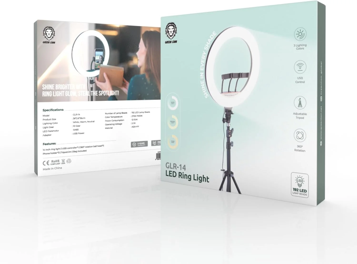 رینگ لایت LED گرین لاین GLR-14 - نور سفید/خنثی/گرم - کم نور شدن بدون پله - کنترل USB - سه پایه قابل تنظیم - چرخش 360 درجه - 192 مهره لامپ LED - اندازه محصول: 36 * 2.6 * 36 سانتی متر - دنده نور: 10