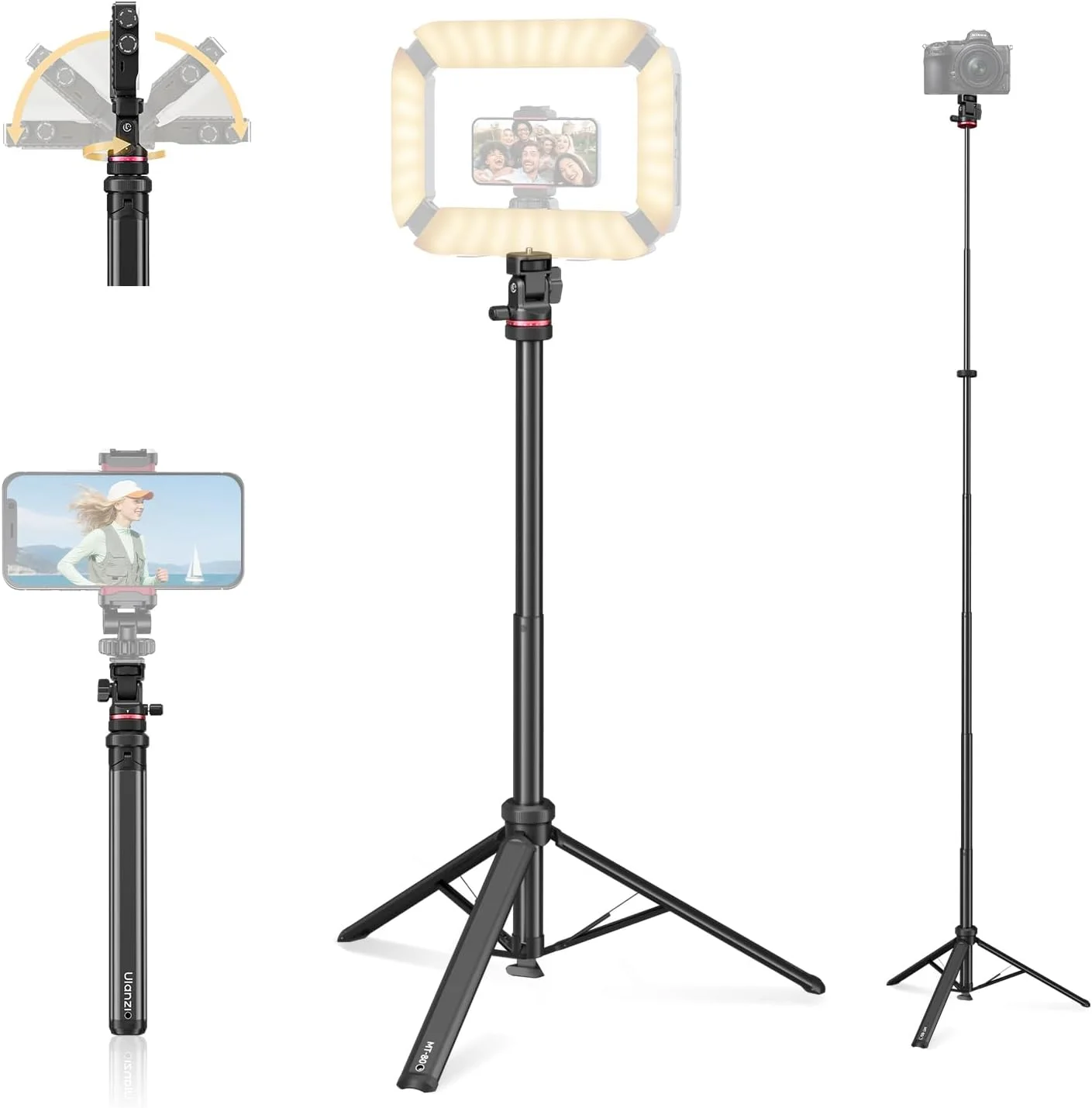 پایه سه پایه آلومینیومی ULANZI MT-80، سه پایه تلفن دوربین قابل افزایش 7 فوتی برای مسافرت، بازشو خودکار، پیچ 1/4 اینچی، پایه نور ویدئویی عکس قابل حمل با سر توپی 360 درجه برای دوربین DSLR، رینگ لایت، ریگ ویدئویی