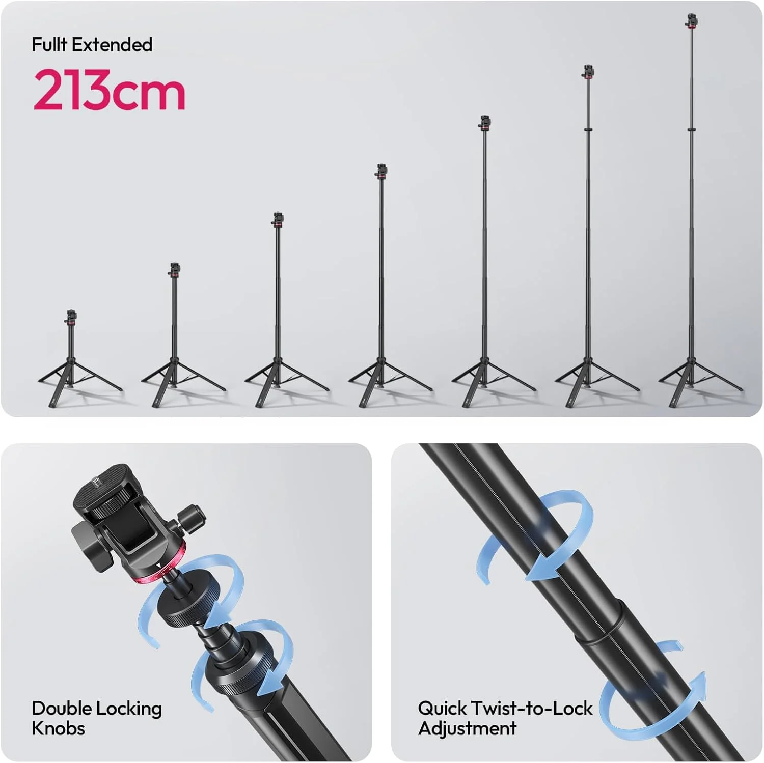 پایه سه پایه آلومینیومی ULANZI MT-80، سه پایه تلفن دوربین قابل افزایش 7 فوتی برای مسافرت، بازشو خودکار، پیچ 1/4 اینچی، پایه نور ویدئویی عکس قابل حمل با سر توپی 360 درجه برای دوربین DSLR، رینگ لایت، ریگ ویدئویی