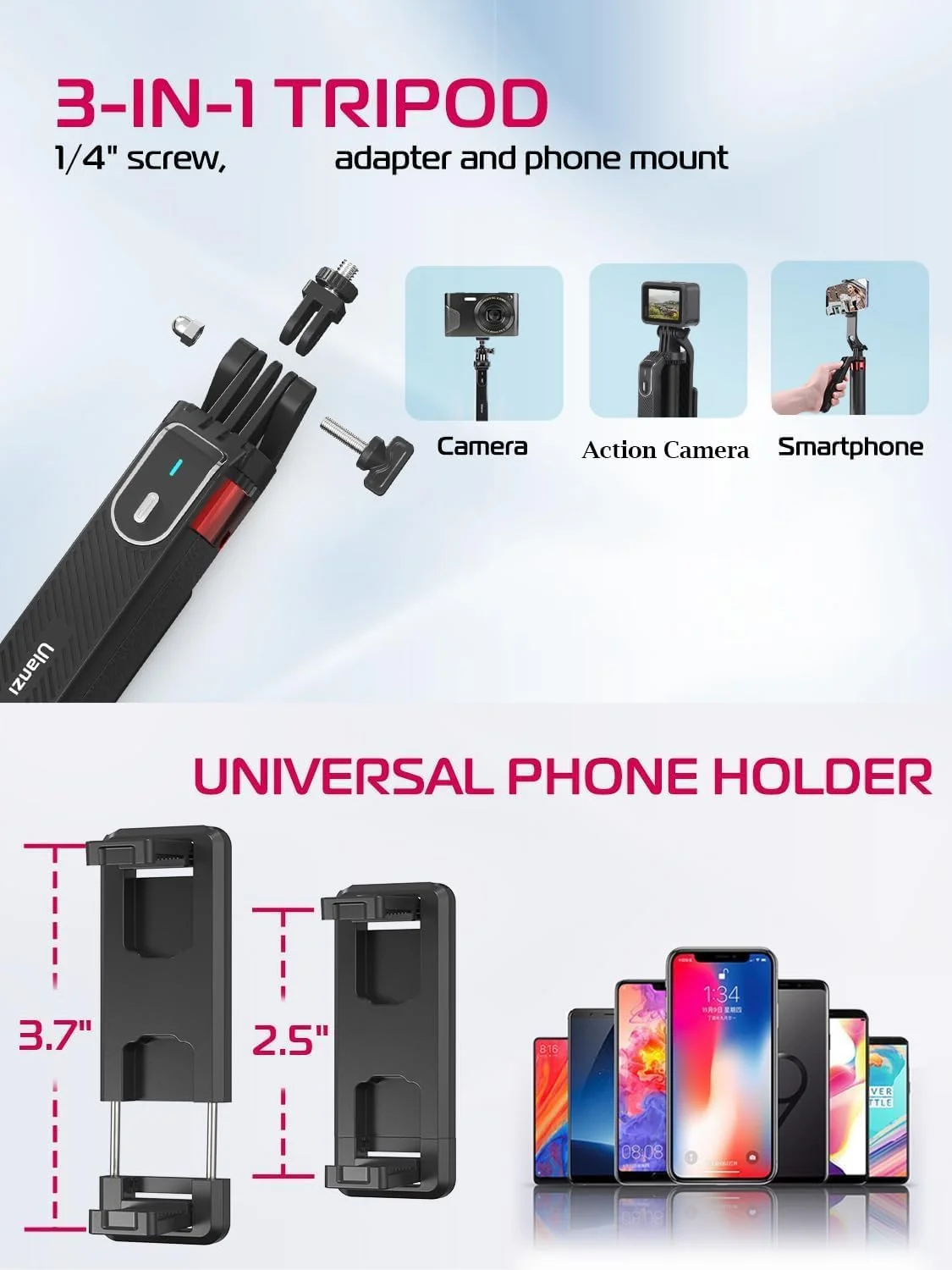 سه پایه گوشی تاشو ULANZI MA09، مونوپاد سلفی 71 اینچی، پایه سه پایه ولاگ گوشی Quadrapod با گیره گوشی All in 1، سه پایه مسافرتی نگهدارنده گوشی با ریموت قابل شارژ سه پایه گوشی تاشو ULANZI MA09، مونوپاد سلفی 71 اینچی، پایه سه پایه ولاگ گوشی Quadrapod با گیره گوشی All in 1، سه پایه مسافرتی نگهدارنده گوشی با ریموت قابل شارژ