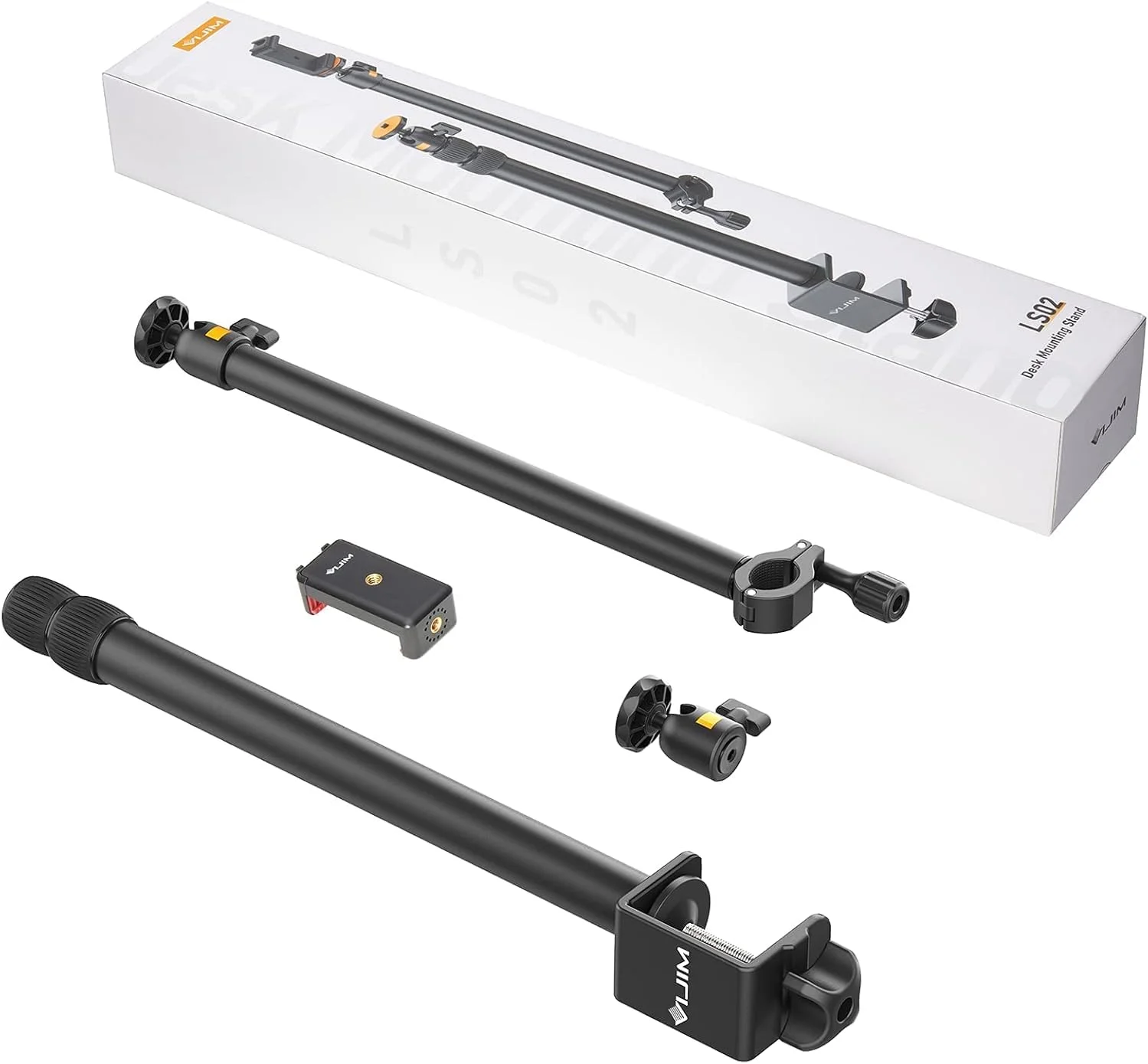 پایه رومیزی دوربین VIJIM LS02 به همراه بازوی نگهدارنده کمکی، گیره رومیزی آلومینیومی قابل افزایش طول با سر توپی چرخان و نگهدارنده تلفن، پیچ استاندارد ¼ اینچی برای دوربین DSLR، رینگ لایت و وب کم