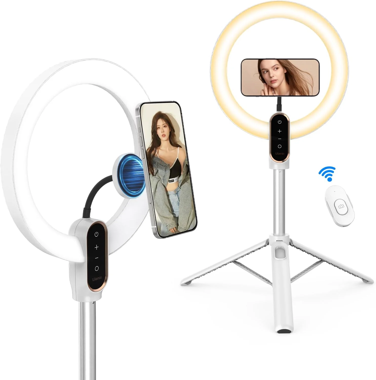 نور حلقه ای سلفی 10 اینچی ULANZI با پایه سه پایه 68 اینچی، نور دایره ای سلفی LED با نگهدارنده تلفن مغناطیسی قوی سازگار با تلفن های همراه برای آرایش/ضبط ویدیو/عکاسی/جلسه زوم