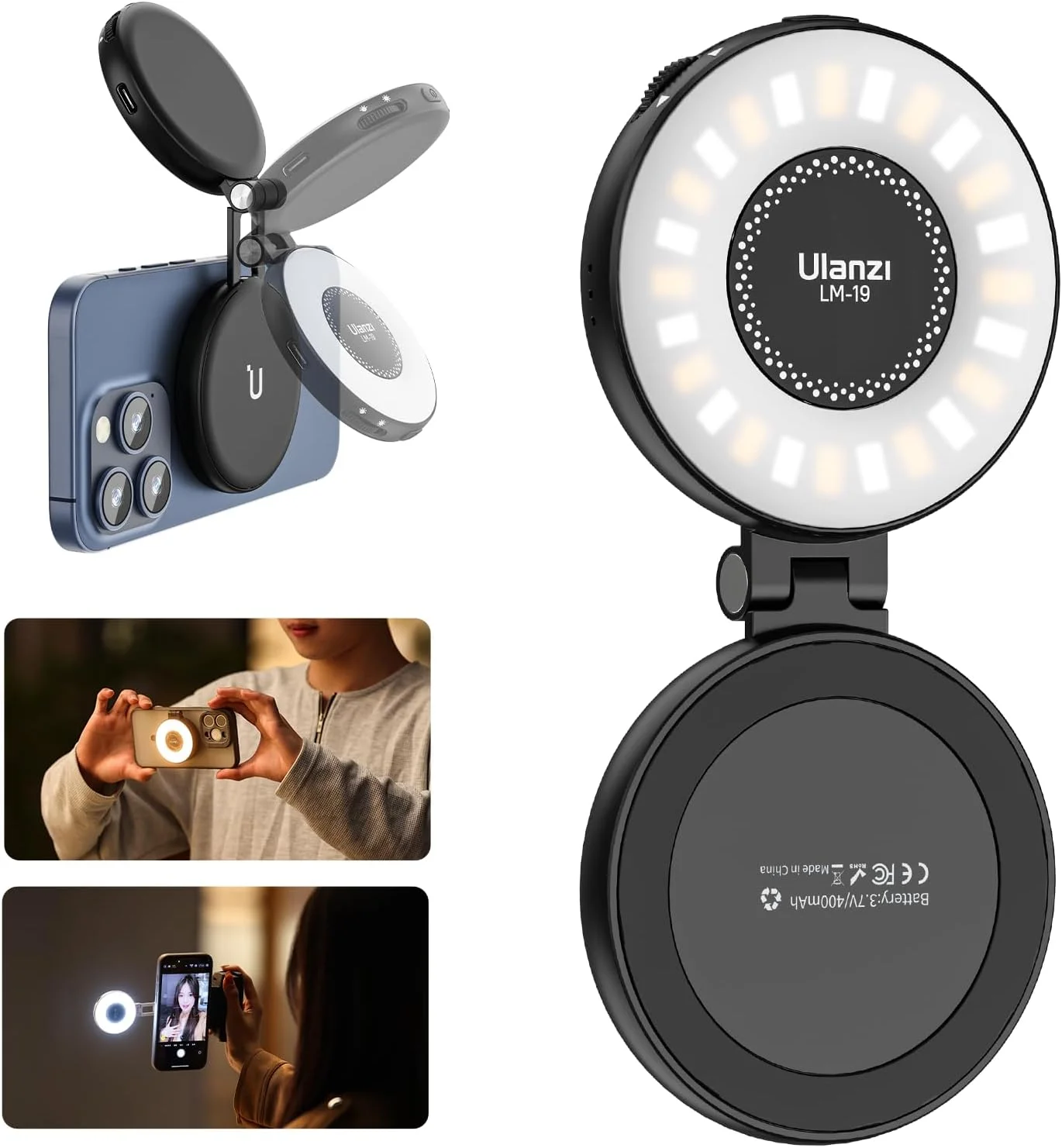 نور سلفی مغناطیسی ULANZI، نور پرکننده LED سازگار با Magsafe، چراغ حلقه ای سلفی LED شامل حلقه چسبنده برای تلفن ها، برای سلفی/عکاسی/TikTok/تماس های Zoom/کنفرانس ویدیویی رنگ مشکی