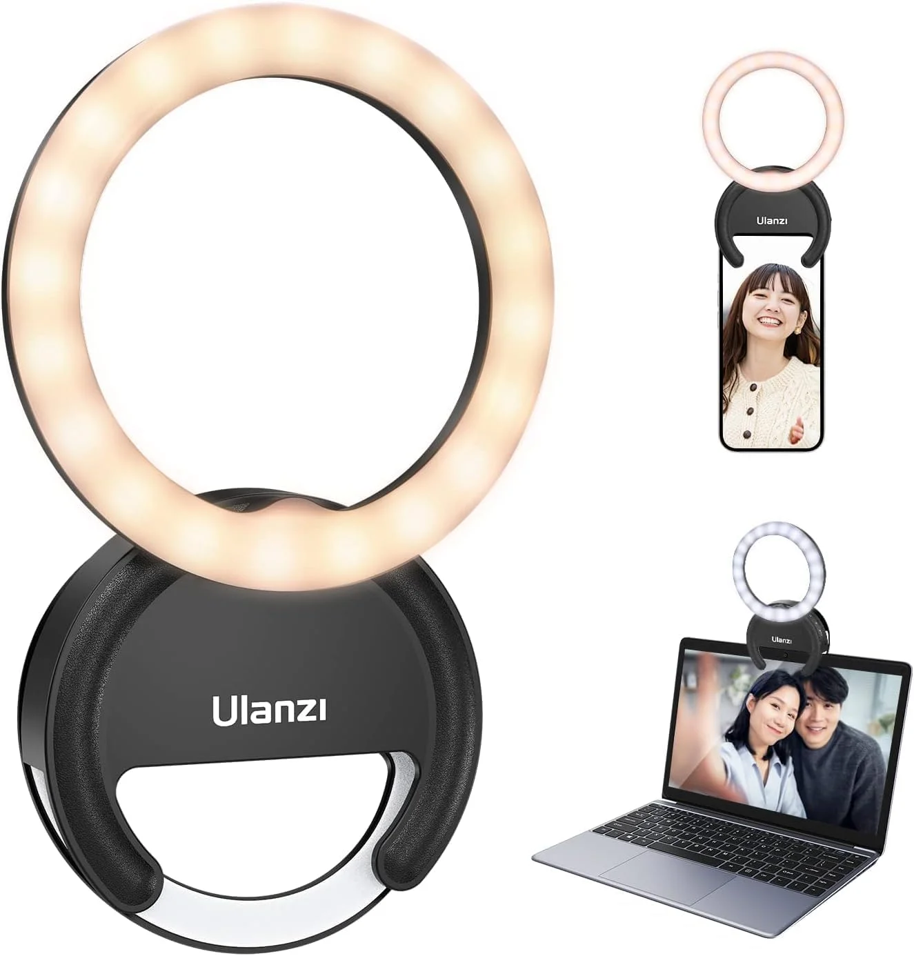 نور حلقه ای سلفی ULANZI، نور پرکننده سلفی قابل شارژ، نور حلقه ای LED گیره ای قابل حمل 3000-6500K با 40 LED برای تلفن، لپ تاپ، جلسه زوم، آرایش، فیلم دوربین، ضبط ویدیو (مشکی)