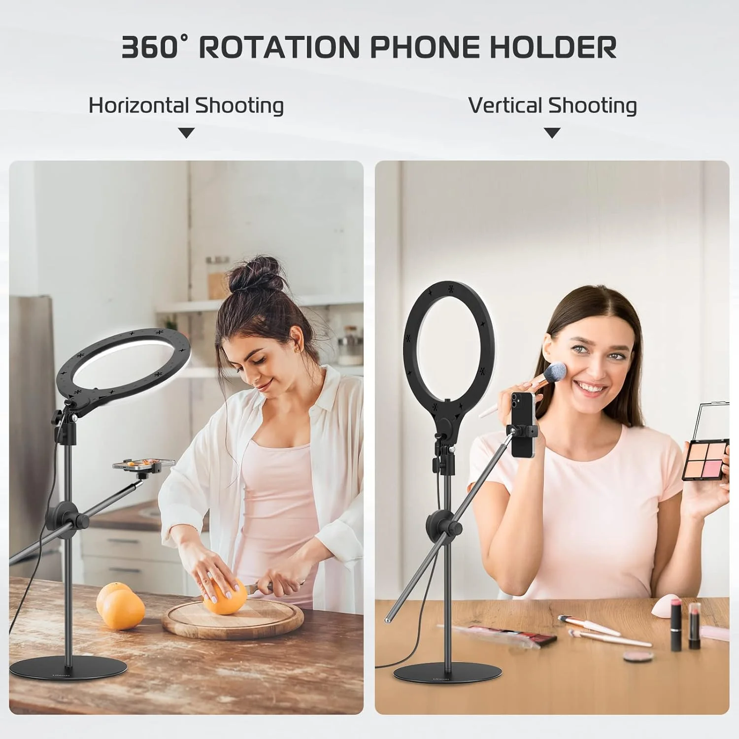 نور حلقه ای رومیزی با بازوی افقی [پایه ارتقا یافته]، نور حلقه ای 10 اینچی با پایه سه پایه تلفن، 3500k-6500K قابل تنظیم، نور حلقه ای با نگهدارنده تلفن برای ضبط ویدیو، پخش زنده، پرتره، آرایش