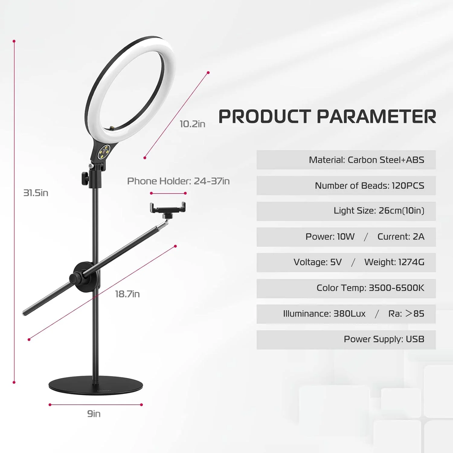 نور حلقه ای رومیزی با بازوی افقی [پایه ارتقا یافته]، نور حلقه ای 10 اینچی با پایه سه پایه تلفن، 3500k-6500K قابل تنظیم، نور حلقه ای با نگهدارنده تلفن برای ضبط ویدیو، پخش زنده، پرتره، آرایش
