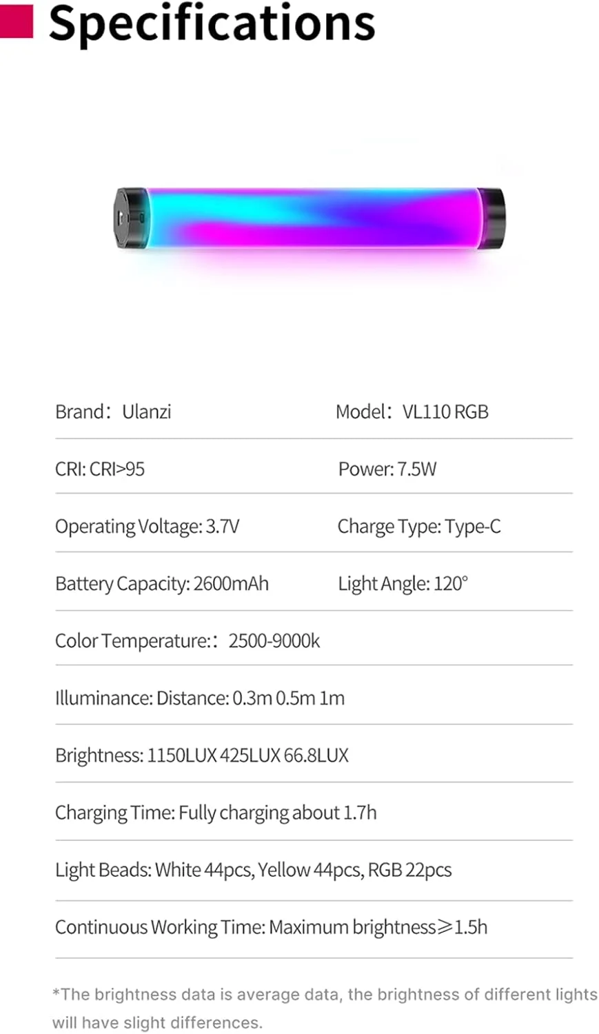 چراغ استیک RGB مدل ULANZI VL110، چراغ LED قابل حمل برای فیلمبرداری دوربین، دمای رنگی قابل تنظیم 2500-9000K، باتری 2600mAh، جذب مغناطیسی برای عکاسی، TikTok چراغ استیک RGB مدل ULANZI VL110، چراغ LED قابل حمل برای فیلمبرداری دوربین، دمای رنگی قابل تنظیم 2500-9000K، باتری 2600mAh، جذب مغناطیسی برای عکاسی، TikTok
