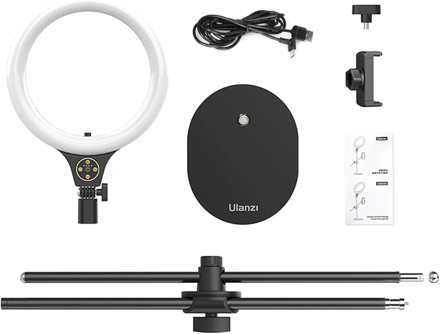 نور حلقه ای رومیزی با بازوی افقی [پایه ارتقا یافته]، نور حلقه ای 10 اینچی با پایه سه پایه تلفن، 3500k-6500K قابل تنظیم، نور حلقه ای با نگهدارنده تلفن برای ضبط ویدیو، پخش زنده، پرتره، آرایش