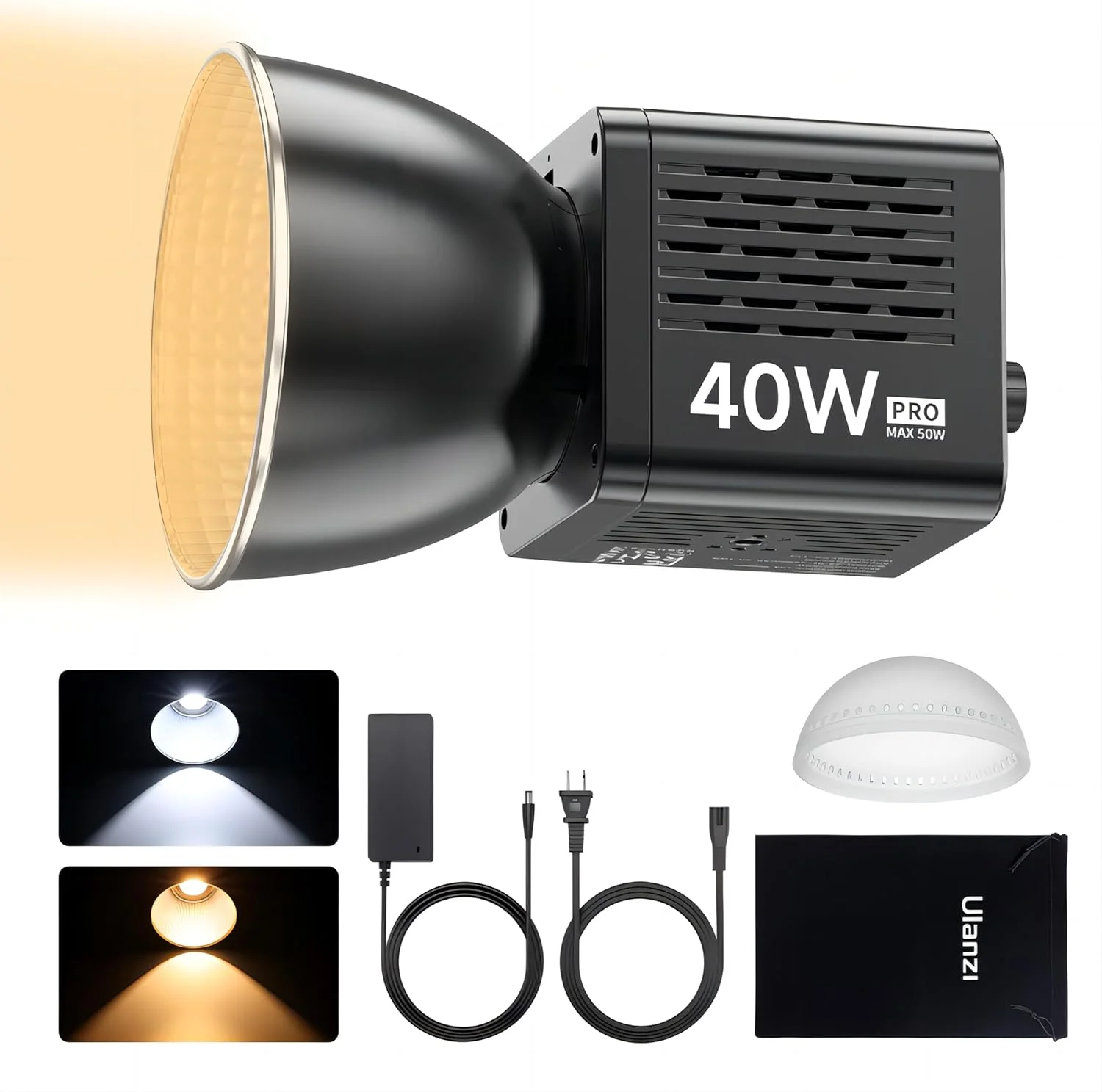 نور ویدئویی LED قابل حمل ULANZI 40W Pro با آداپتور برق DC، باتری داخلی 3400mAh، نور خروجی مداوم COB با دمای رنگی دوگانه فلزی، نورافکن دستی 2500K-6500K برای ویدئو