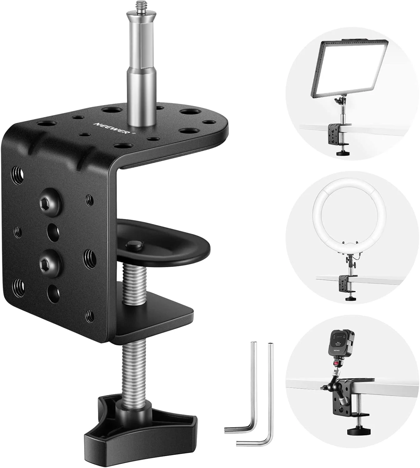 گیره C سنگین NEEWER مدل ST-CCD9، بسته 2 عددی، با ستون نصب برای پایه نور، گیره فلزی رومیزی قابل تنظیم با پیچ‌های 1/4 و 3/8 اینچ برای رینگ لایت، چراغ ویدئویی LED، دوربین، حداکثر بار 20 کیلوگرم