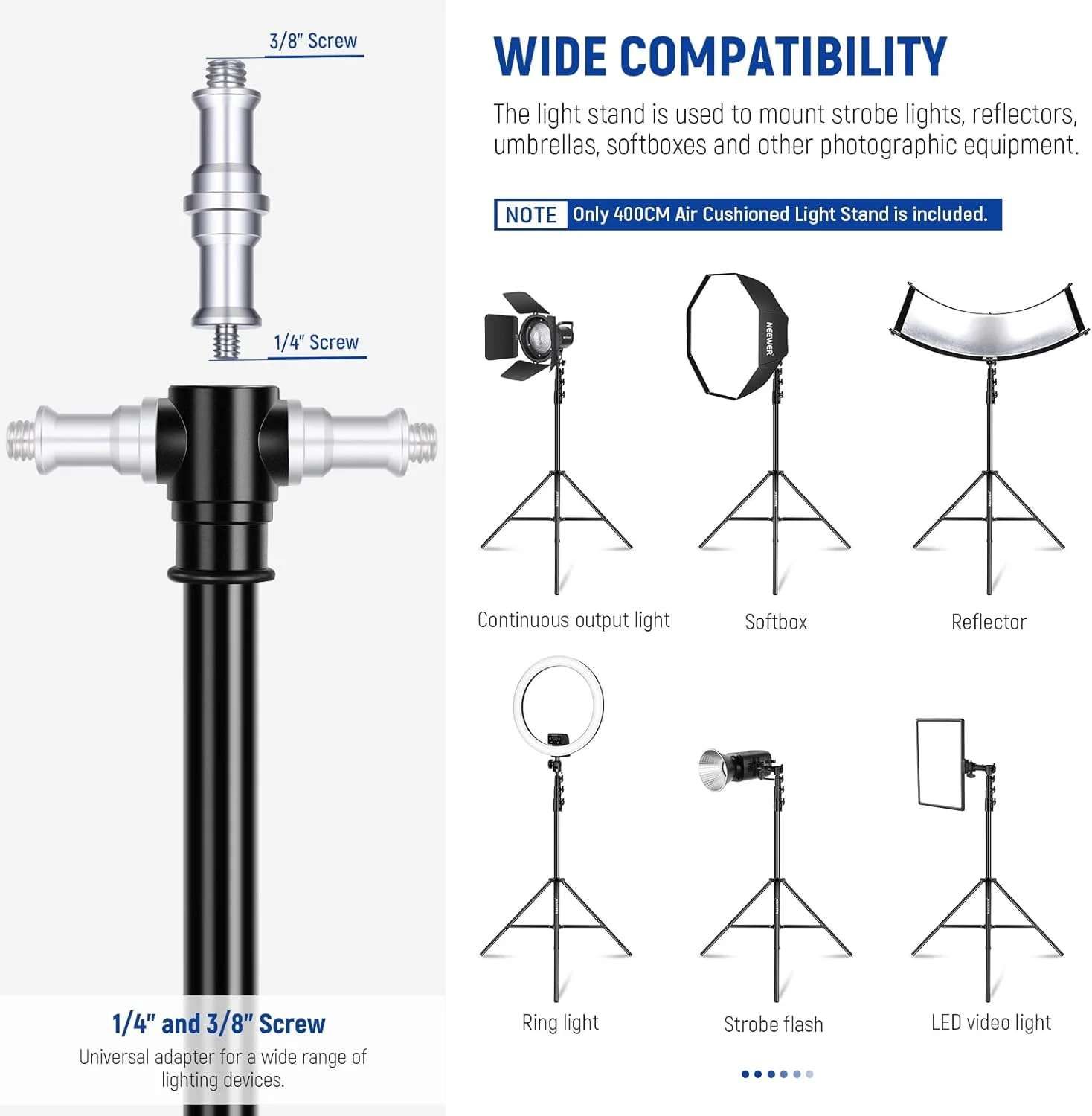پایه نور بادی NEEWER با ارتفاع 4 متر، سه پایه عکاسی تمام فلزی سنگین با پیچ برگشت پذیر 1/4 اینچ به 3/8 اینچ، رابط نصب 3 طرفه و دستگیره های قفل فلزی، حداکثر بار 3 کیلوگرم پایه نور بادی NEEWER با ارتفاع 4 متر، سه پایه عکاسی تمام فلزی سنگین با پیچ برگشت پذیر 1/4 اینچ به 3/8 اینچ، رابط نصب 3 طرفه و دستگیره های قفل فلزی، حداکثر بار 3 کیلوگرم