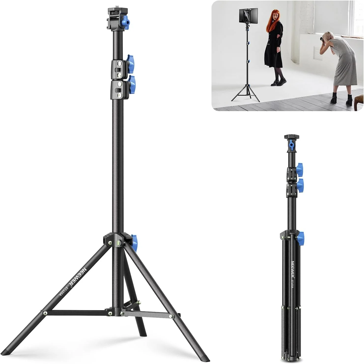 پایه نور عکاسی NEEWER 28"-61"/72-155cm با سر قابل تنظیم 180 درجه و 360 درجه، سه پایه ویدیویی آلومینیومی قابل حمل با پیچ 1/4 اینچی و کفشک سرد برای نور ویدئویی LED، رینگ لایت، فلاش، میکروفون، ST155A