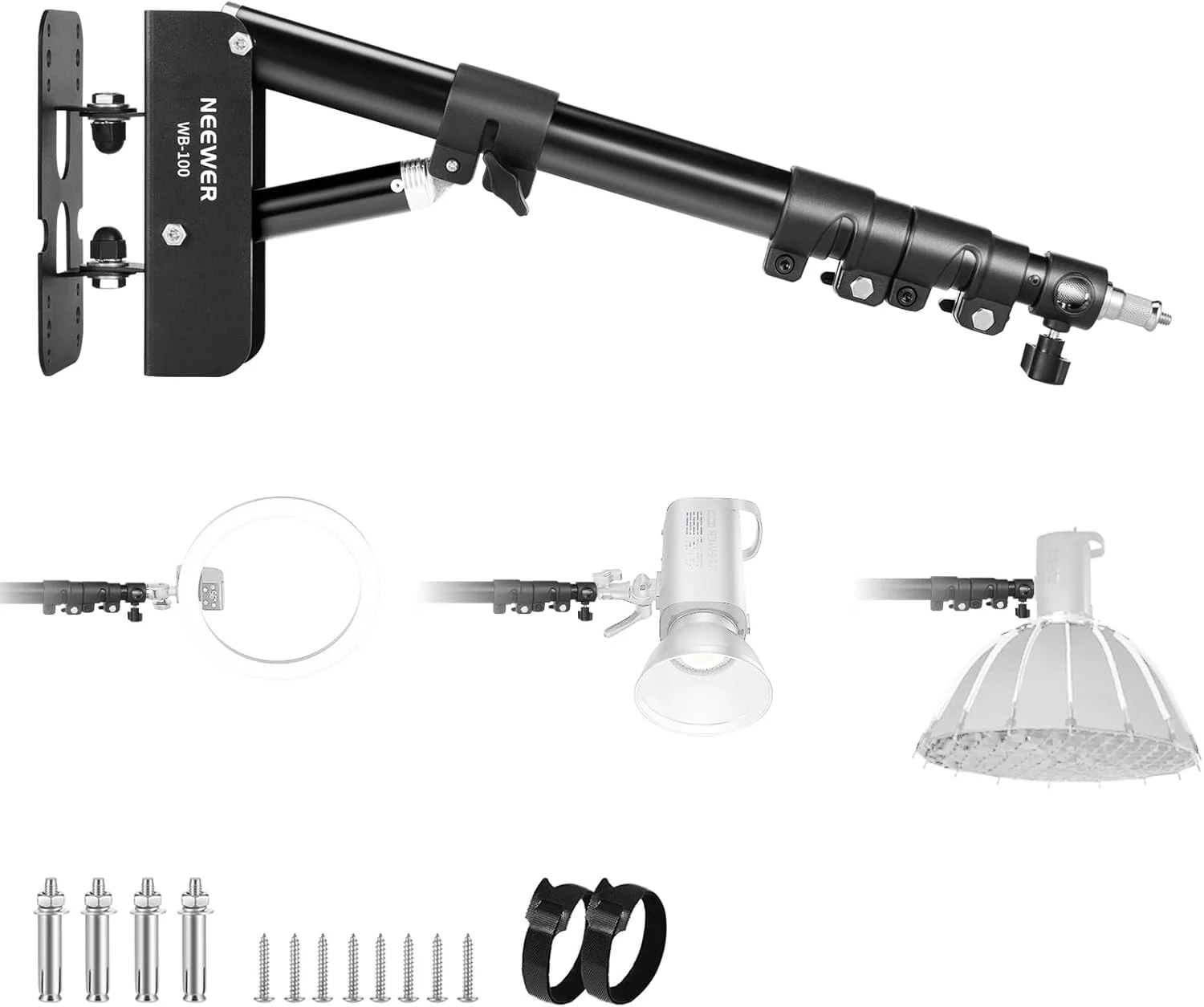 بازوی بوم دیواری نور حلقه‌ای NEEWER WB-100، 55-116 سانتی‌متر، پایه دیواری نور مثلثی چرخان 180 درجه برای نور فلاش عکاسی، نور مونو، سافت باکس، چتر، بازتابنده آلومینیومی با ظرفیت بار 3 کیلوگرم