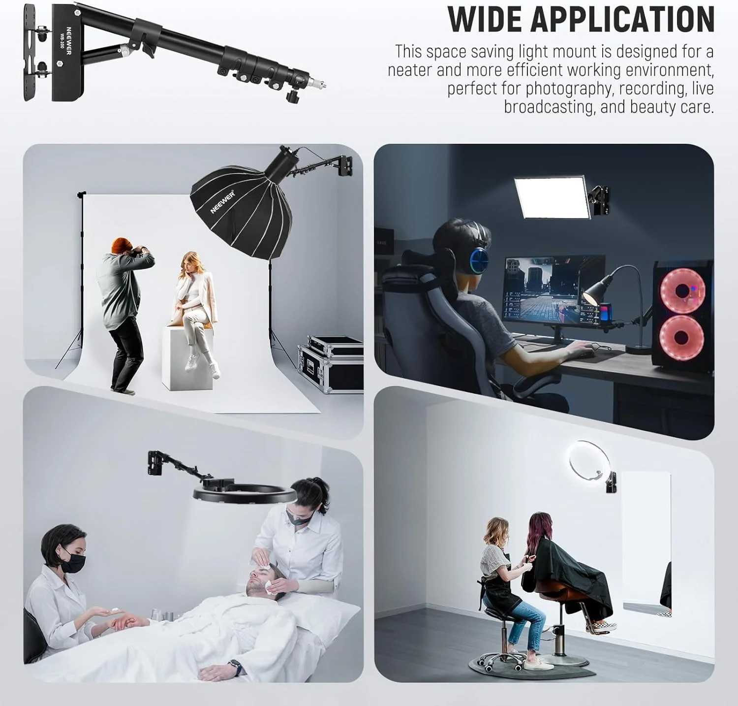 بازوی بوم دیواری نور حلقه‌ای NEEWER WB-100، 55-116 سانتی‌متر، پایه دیواری نور مثلثی چرخان 180 درجه برای نور فلاش عکاسی، نور مونو، سافت باکس، چتر، بازتابنده آلومینیومی با ظرفیت بار 3 کیلوگرم