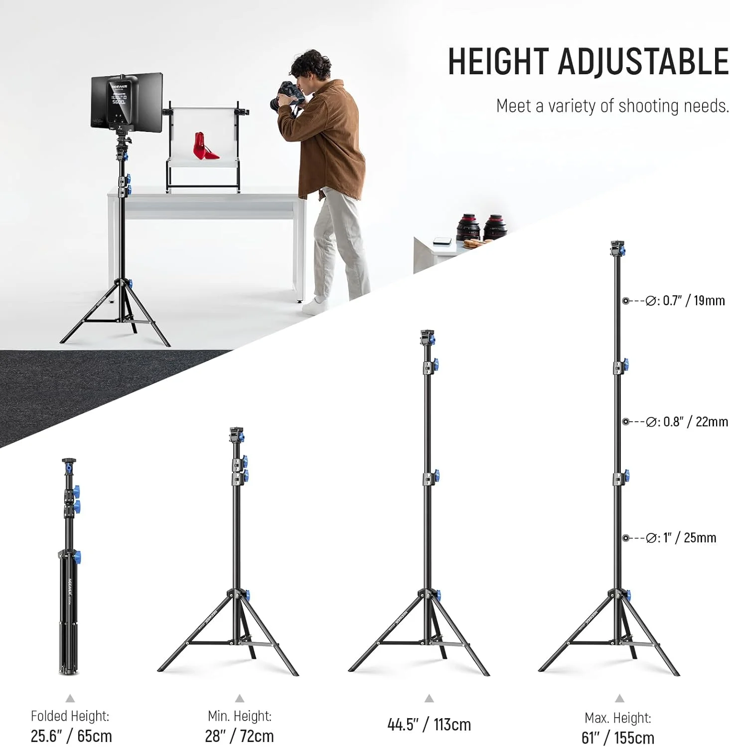 پایه نور عکاسی NEEWER 28"-61"/72-155cm با سر قابل تنظیم 180 درجه و 360 درجه، سه پایه ویدیویی آلومینیومی قابل حمل با پیچ 1/4 اینچی و کفشک سرد برای نور ویدئویی LED، رینگ لایت، فلاش، میکروفون، ST155A پایه نور عکاسی NEEWER 28"-61"/72-155cm با سر قابل تنظیم 180 درجه و 360 درجه، سه پایه ویدیویی آلومینیومی قابل حمل با پیچ 1/4 اینچی و کفشک سرد برای نور ویدئویی LED، رینگ لایت، فلاش، میکروفون، ST155A