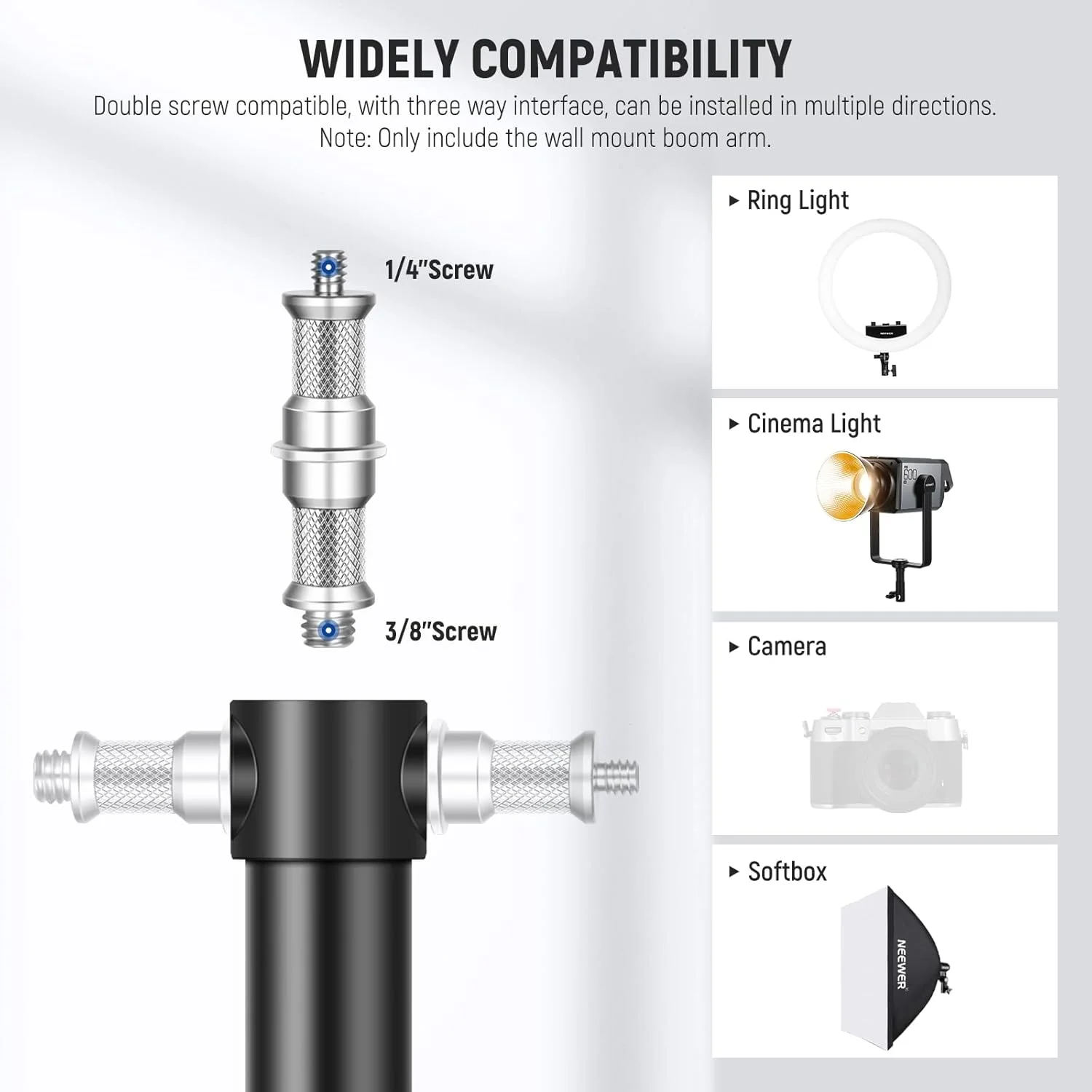 بازوی بوم دیواری نور حلقه‌ای NEEWER WB-100، 55-116 سانتی‌متر، پایه دیواری نور مثلثی چرخان 180 درجه برای نور فلاش عکاسی، نور مونو، سافت باکس، چتر، بازتابنده آلومینیومی با ظرفیت بار 3 کیلوگرم