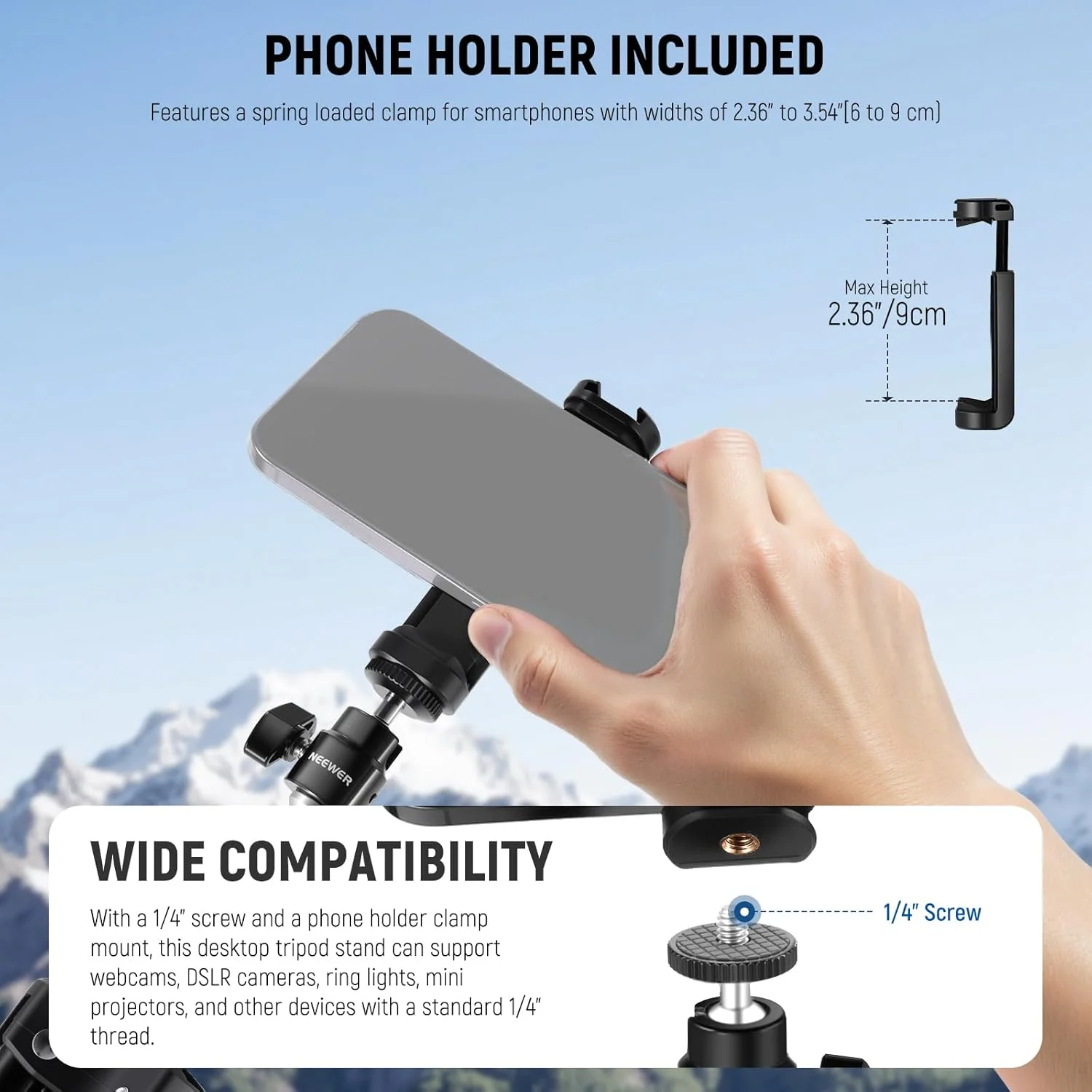 پایه وب کم NEEWER، سه پایه رومیزی کوچک با نگهدارنده تلفن همراه سازگار با وب کم Logitech Anker Emeet و رینگ لایت برای ضبط ویدیو، پخش زنده و تماس Zoom، مدل ST45B پایه وب کم NEEWER، سه پایه رومیزی کوچک با نگهدارنده تلفن همراه سازگار با وب کم Logitech Anker Emeet و رینگ لایت برای ضبط ویدیو، پخش زنده و تماس Zoom، مدل ST45B