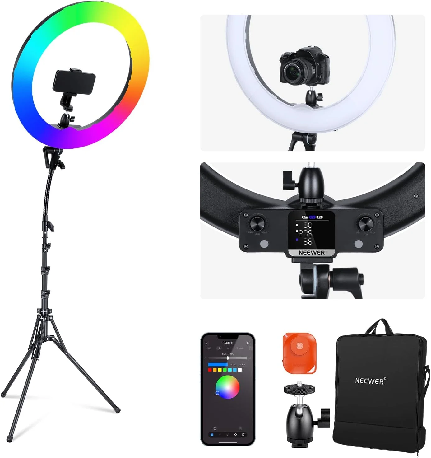 نور حلقه ای LED RGB نیور 18 اینچی با کنترل برنامه، به همراه سه پایه و پایه موبایل، 42 وات دیمر پذیر 2500K-10000K GM±50 دو رنگ CRI97+/TLCI98+ 360° تمام رنگی 18 صحنه برای عکاسی TikTok Vlog، RGB18 II