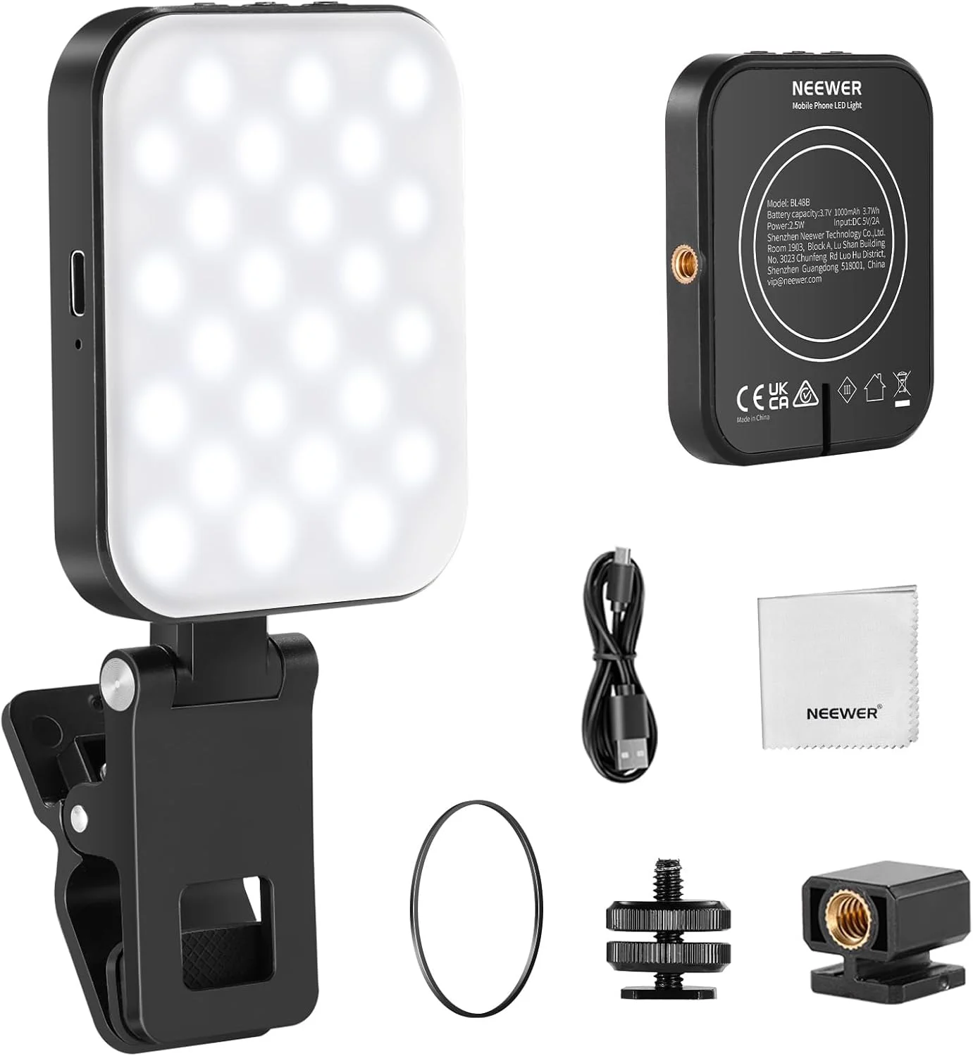 نور سلفی مغناطیسی NEEWER Basics BL48B سازگار با MagSafe آیفون، چراغ ویدئویی گیره ای گوشی با پارچه تمیز کننده برای کنفرانس ویدئویی، کامپیوتر، لپ تاپ، وب کم زوم استریمینگ آرایش ضبط